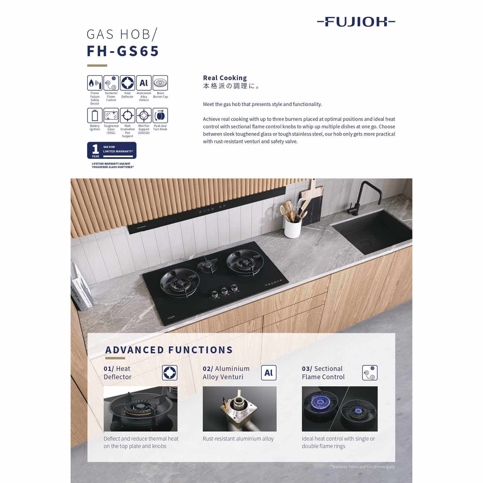 FUJIOH 88cm 3 Burners Gas Hob (tg) - Stainless Steel (exclude Installation) FH-GS6530 SVSS TG-image 5