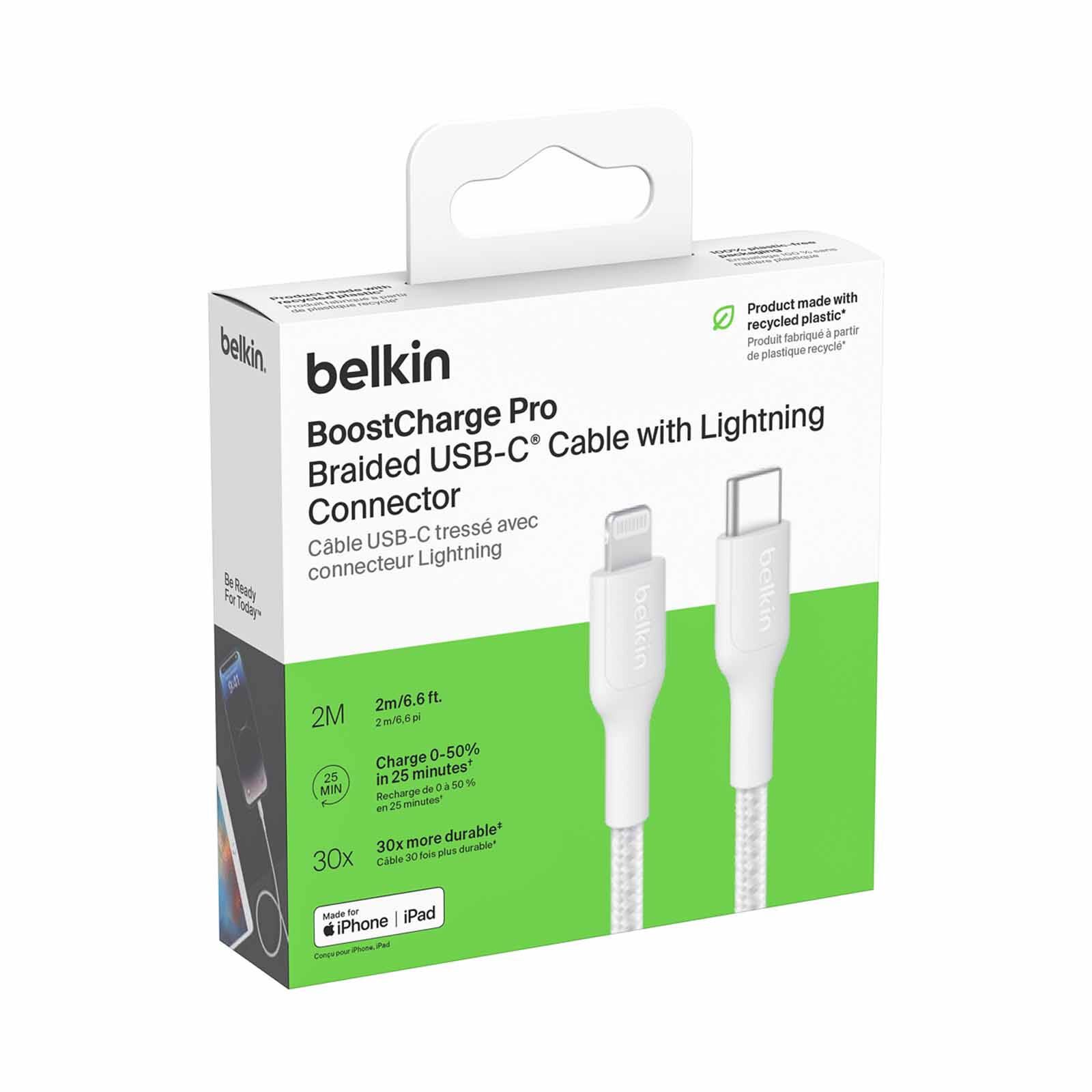 BELKIN Usb-c - Lightning Cable, Braided Pcr, 2m, White CAA022FQ2MWH-image 3