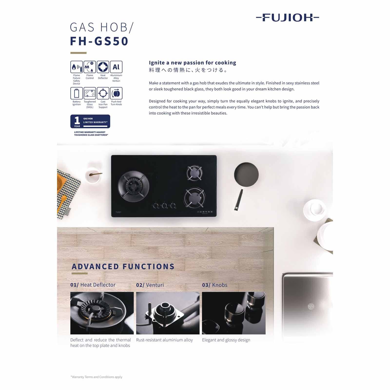 FUJIOH 78cm 3 Burners Gas Hob (tg) - Glass (exclude Installation) FH-GS5035 SVGL TG-image 2