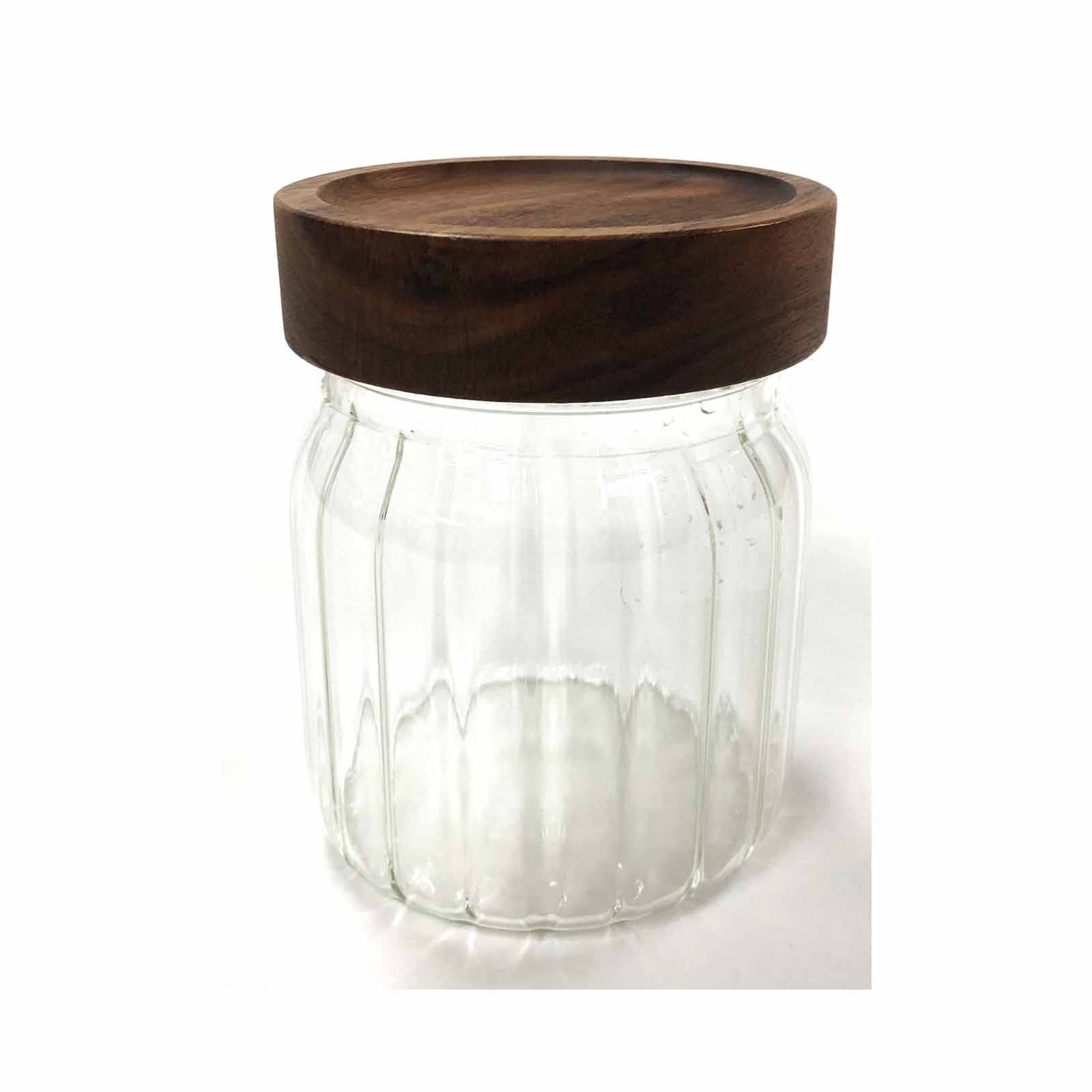 ELEMENTAL High Borosilicated Stripes Glass Storage Jar With Acacia Lid (520ml) 24QGP-1011-image null