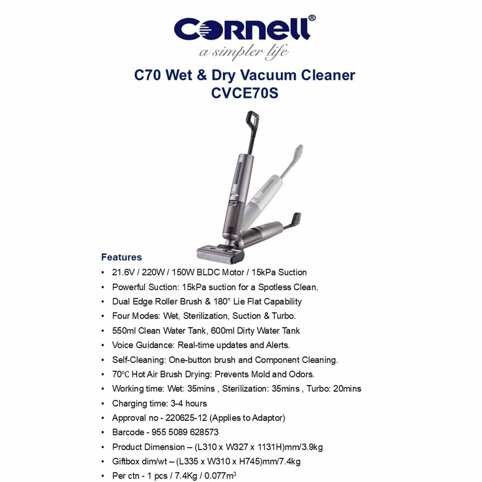 CORNELL C70 Wet & Dry Handstick Vacuum Cleaner CVCE70S-image 3
