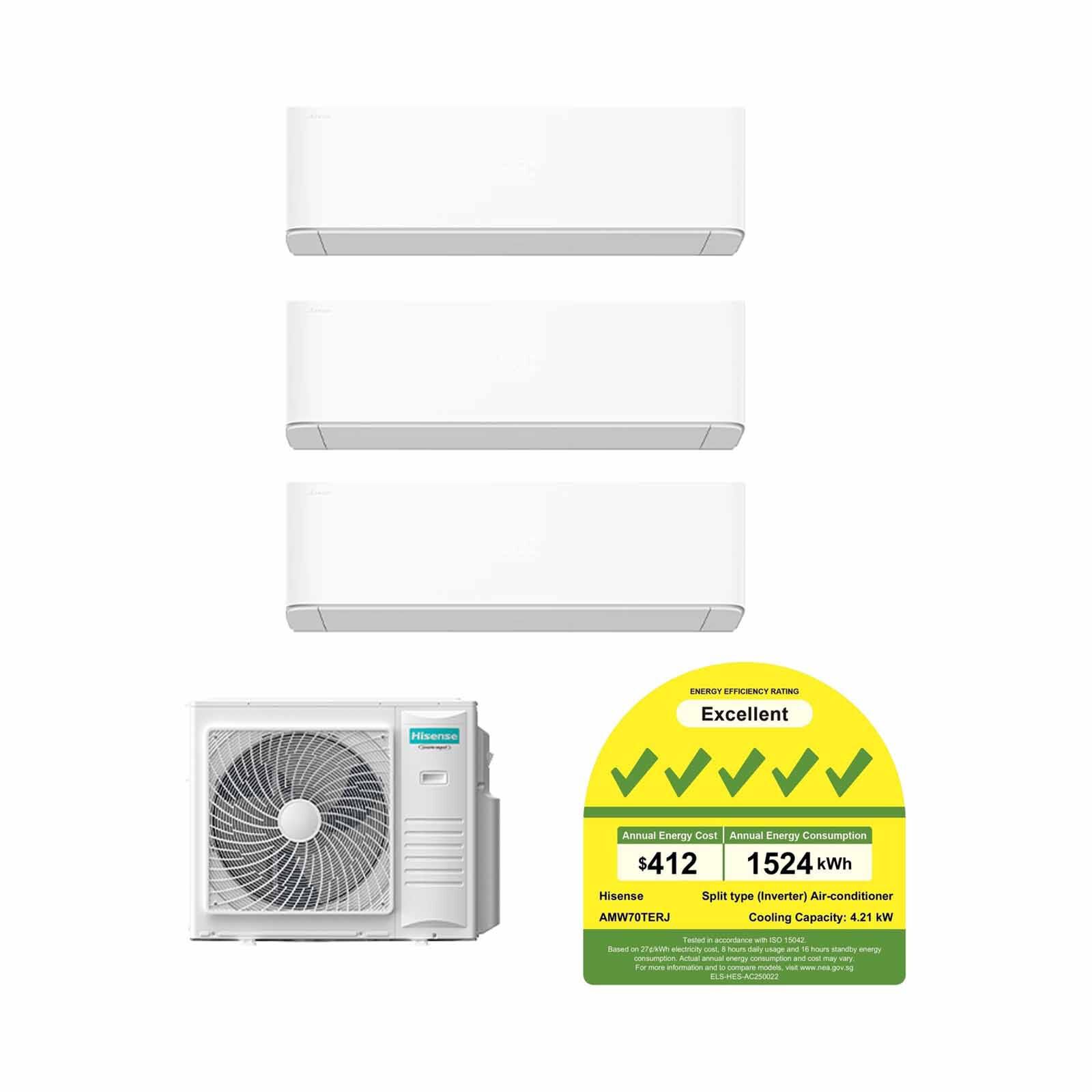 HISENSE Hisense 7kwh Cu System 3 (9000btu X 2, 18000btu X 1) AMW70TERJ + AMS-09TWERUHA00 X 2/AMS-18TWERUHA00-image null