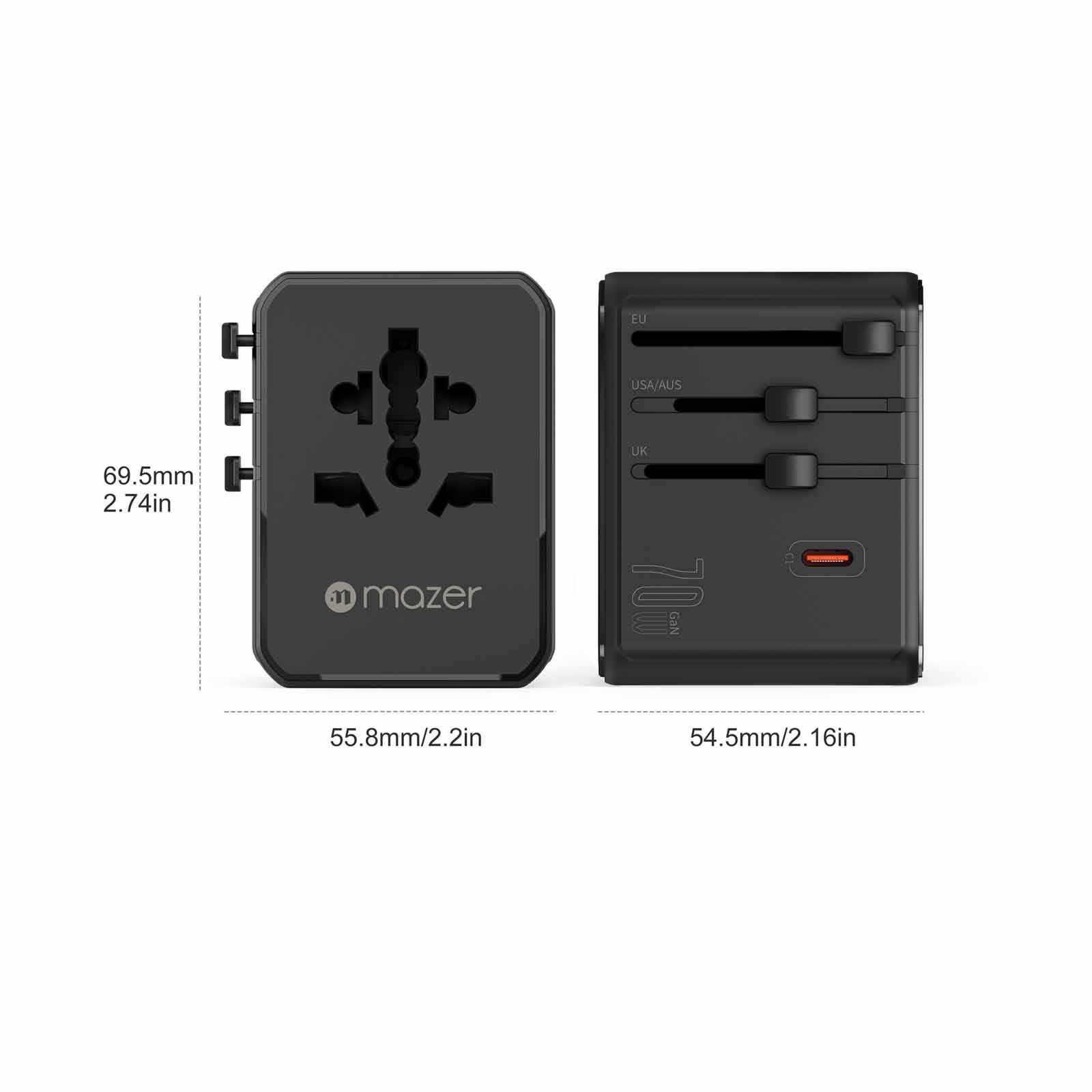 MAZER Infinitetravel 3c/2a Usb Pd70w + 3xac International Travel Adapter - Black M-TC270-BK-image 2