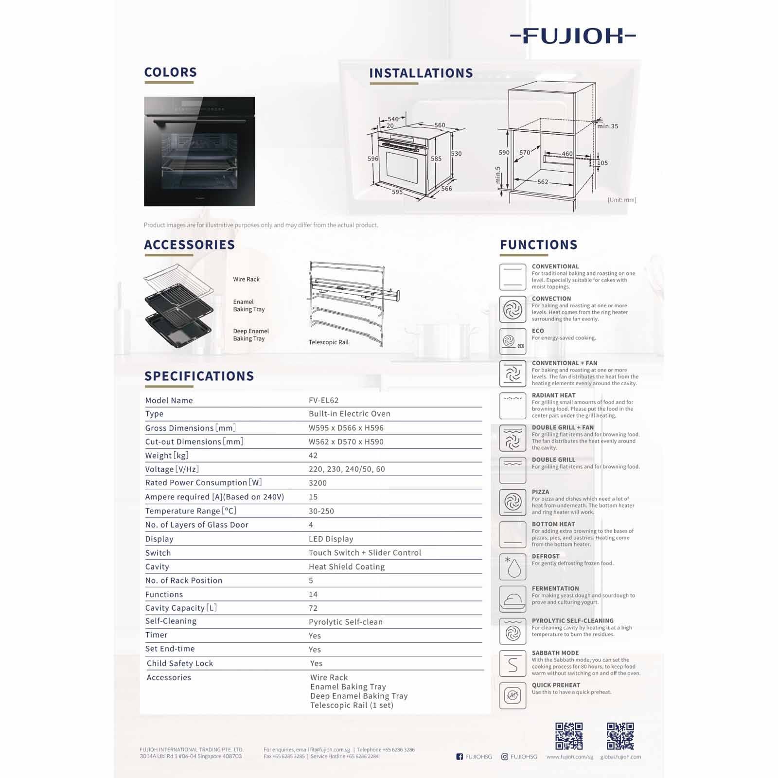 FUJIOH 72l Pyrolytic Self-clean Built In Oven (exclude Installation) FV-EL62 GL-image 12