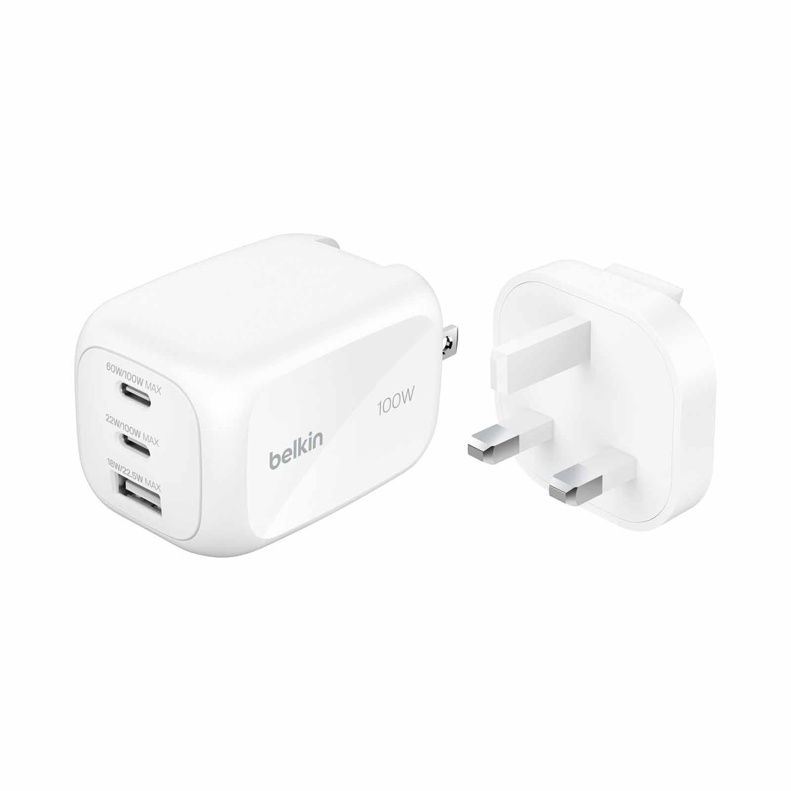 BELKIN 3-port Gan Wall Charger 100w + Inter Tip WCH016MYWH-image 1
