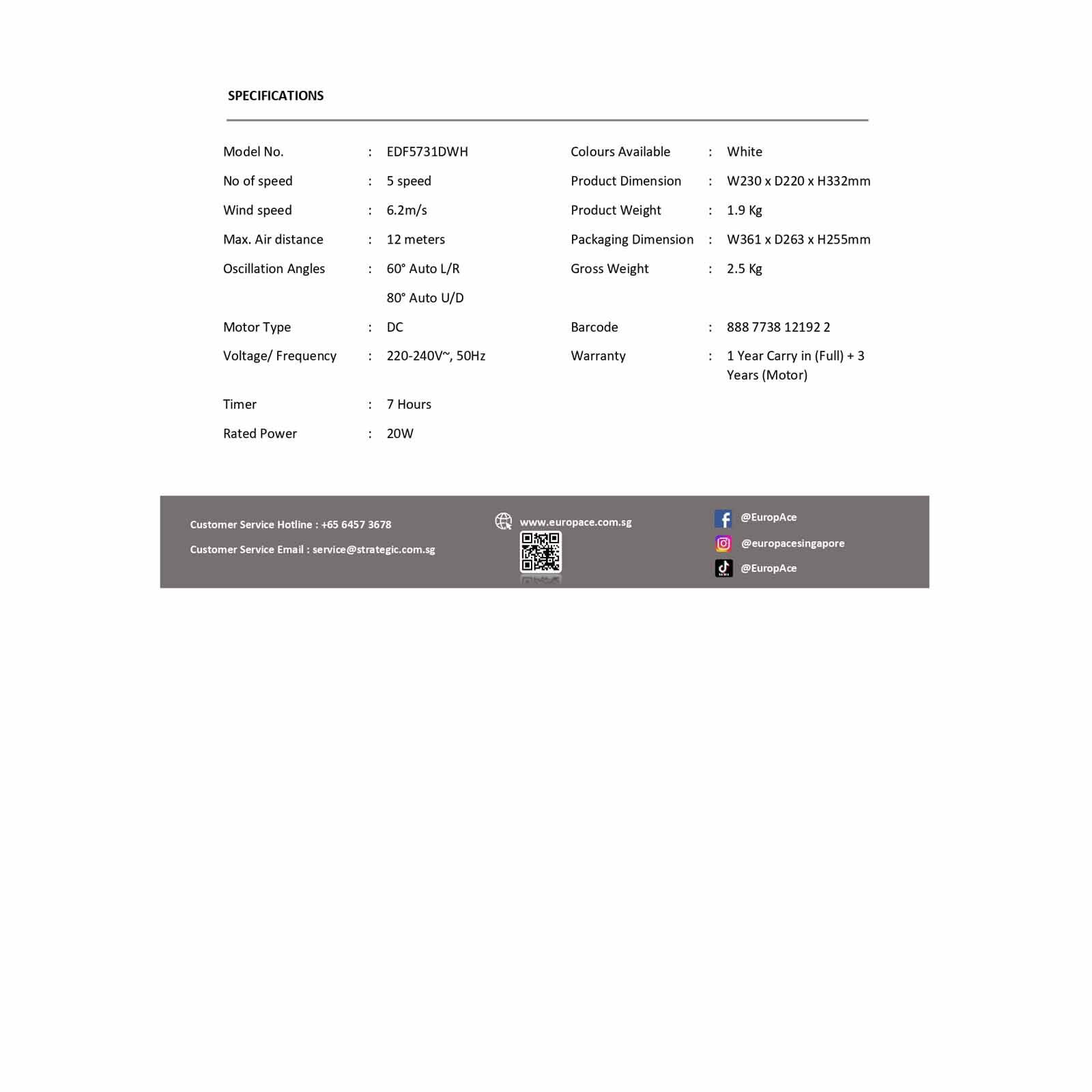 EUROPACE 7 In Dc Desk Fan EDF5731DWH-image 6