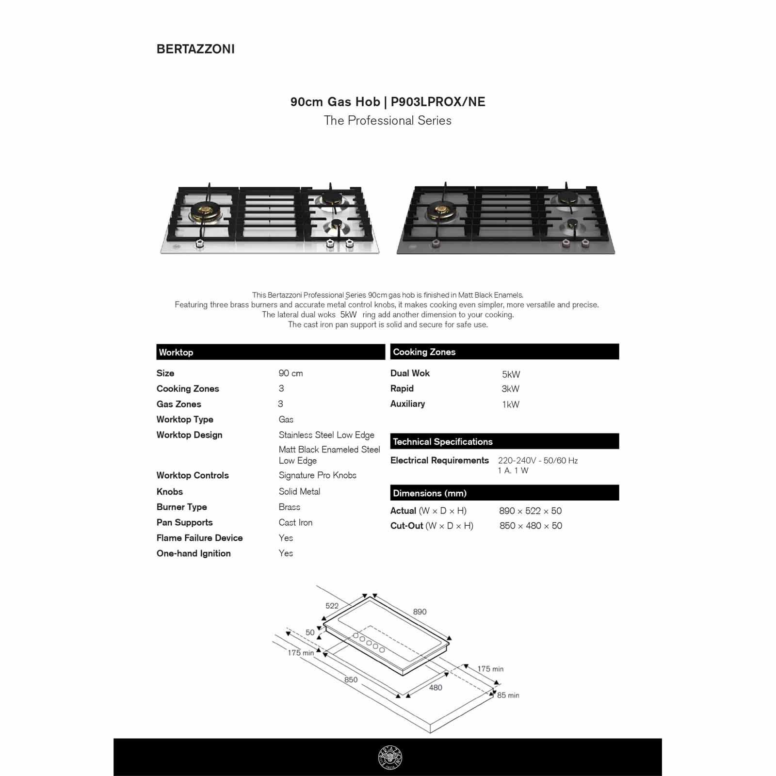 BERTAZZONI 90cm Built-in Gas Hob Three Cooking Zones P903LPROX-image 5
