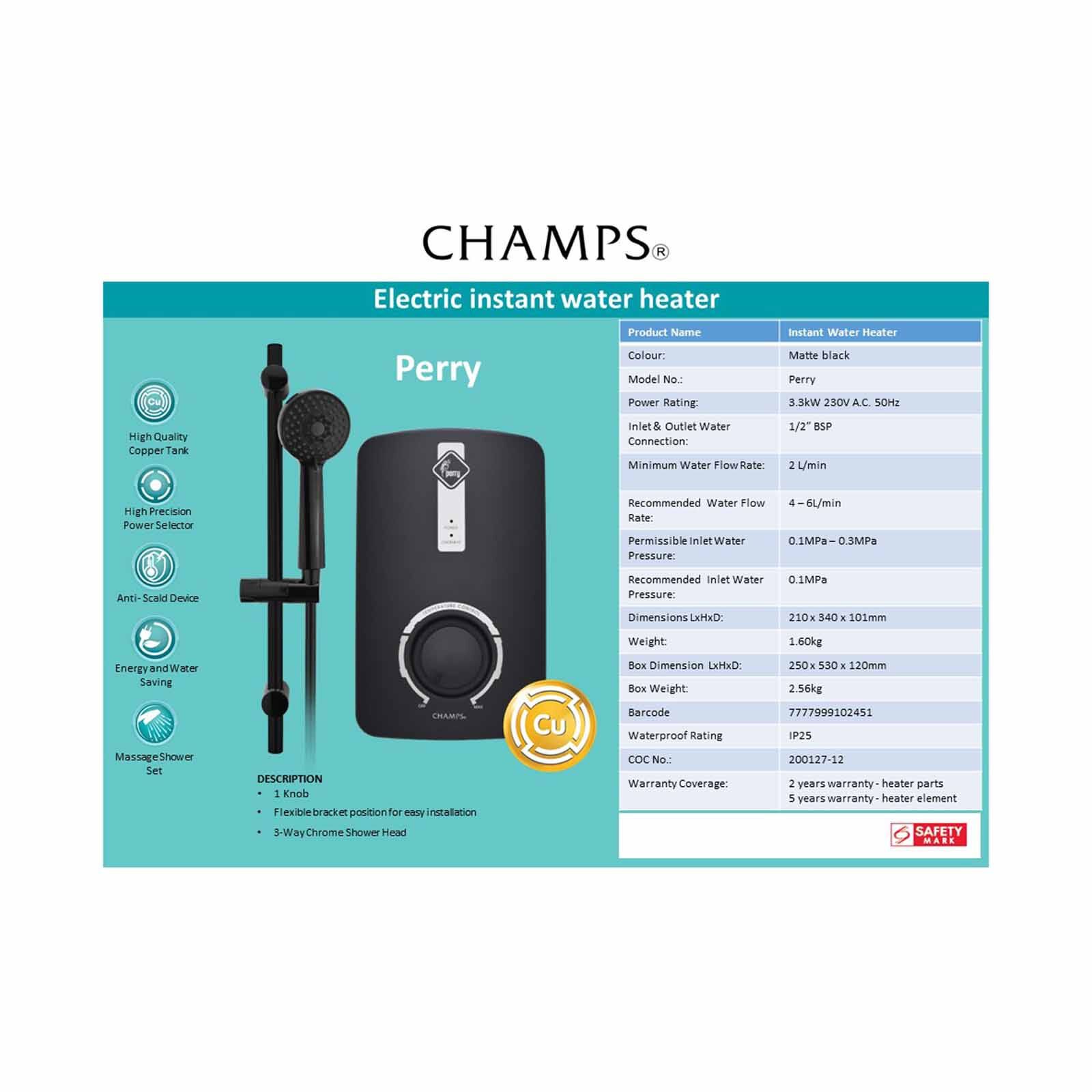 CHAMPS Electric Instant Water Heater - Matt Black (installation Charges Applies) PERRY - MATT BLACK-image 5