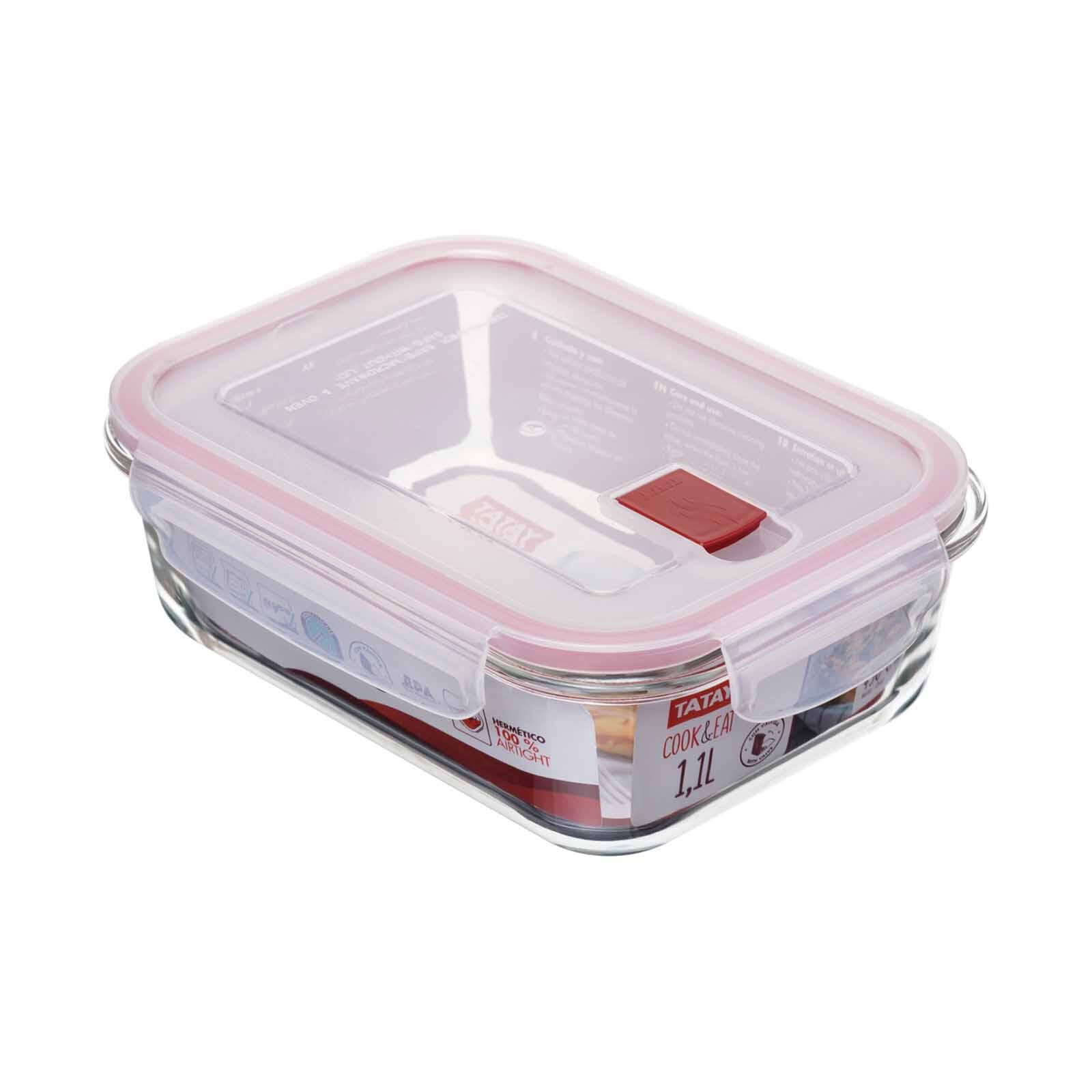 TATAY Hermetic Glass Rect.cont Cook& Eat 1.1l Red T1617.09