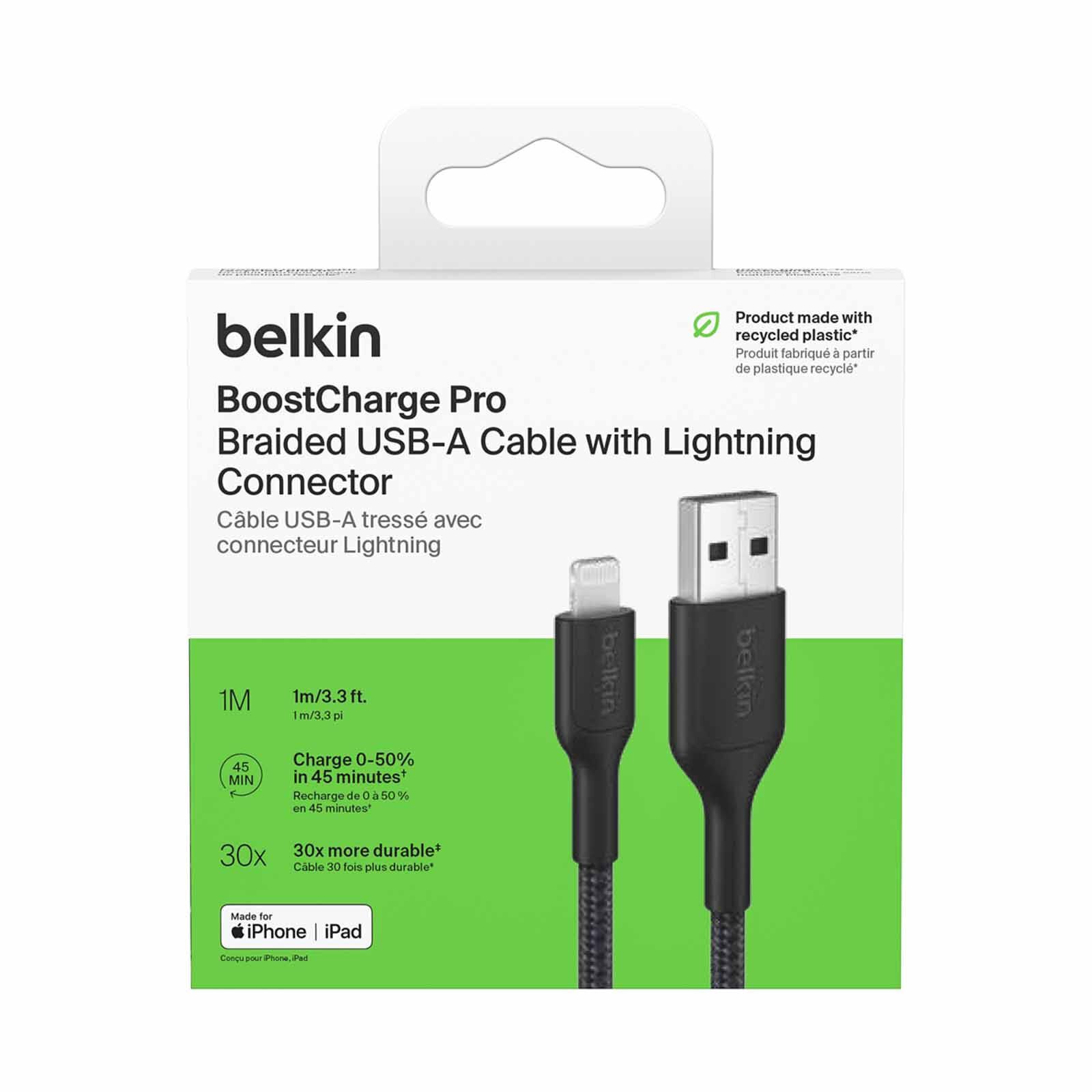 BELKIN Usb-a - Lightning Cable, Braided Pcr, 1m, Black CAA020FQ1MBK-image 4