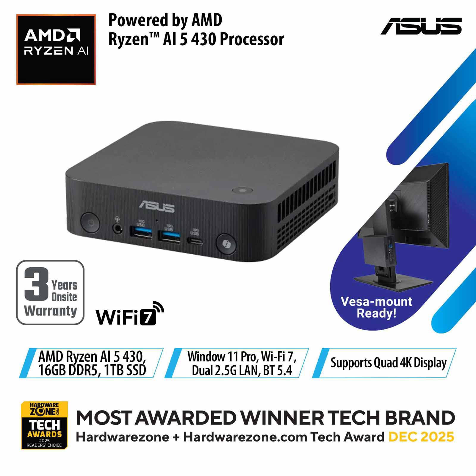 ASUS Mini Pc Amd Ryzen Ai R5 430 16gb 1tb Ssd Win 11 Pro Amd Radeon 820m Graphics Black PN55-S50019NL-image 1
