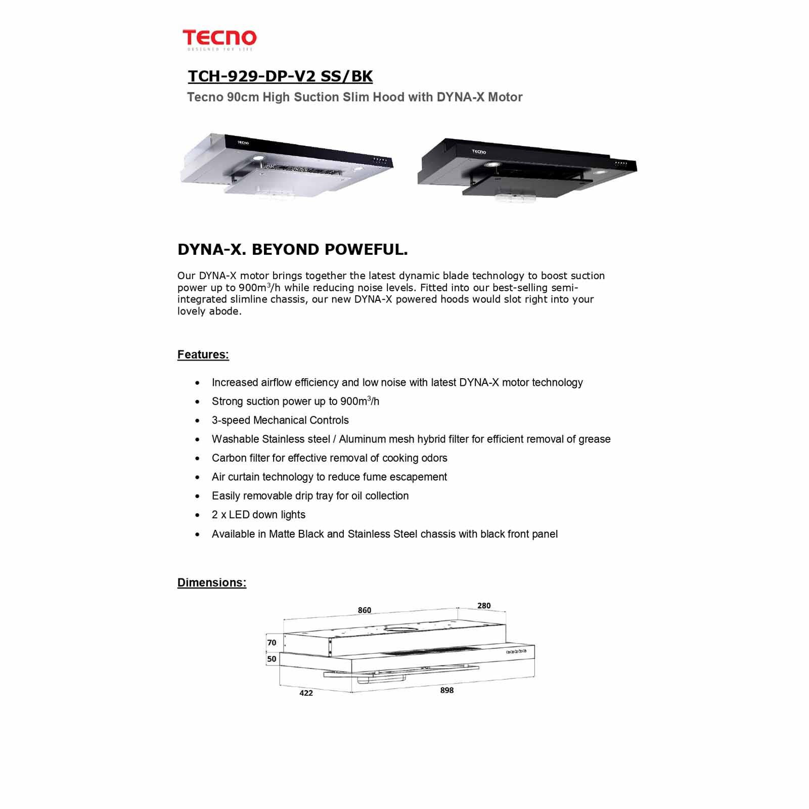 TECNO 90cm High Suction Power Slim Hood - Stainless Steel (excluide Installation) TCH929-DP-V2-SS-image 2