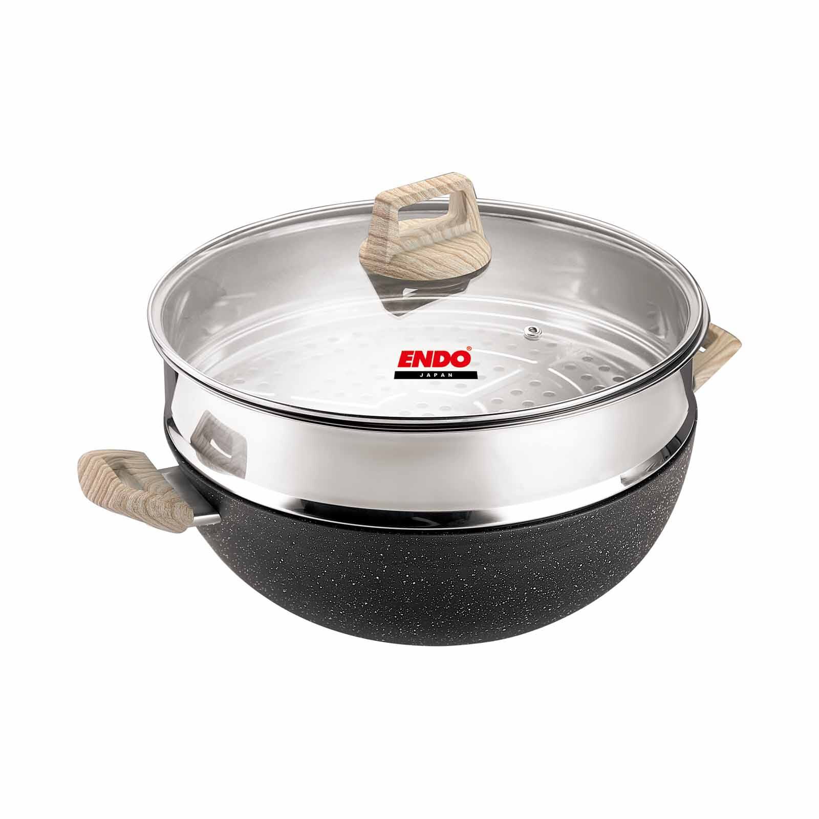 ENDO Ganseki 32cm I.h. Die Cast Chef Wok + Steamer E-GSK-32W+S-image 1