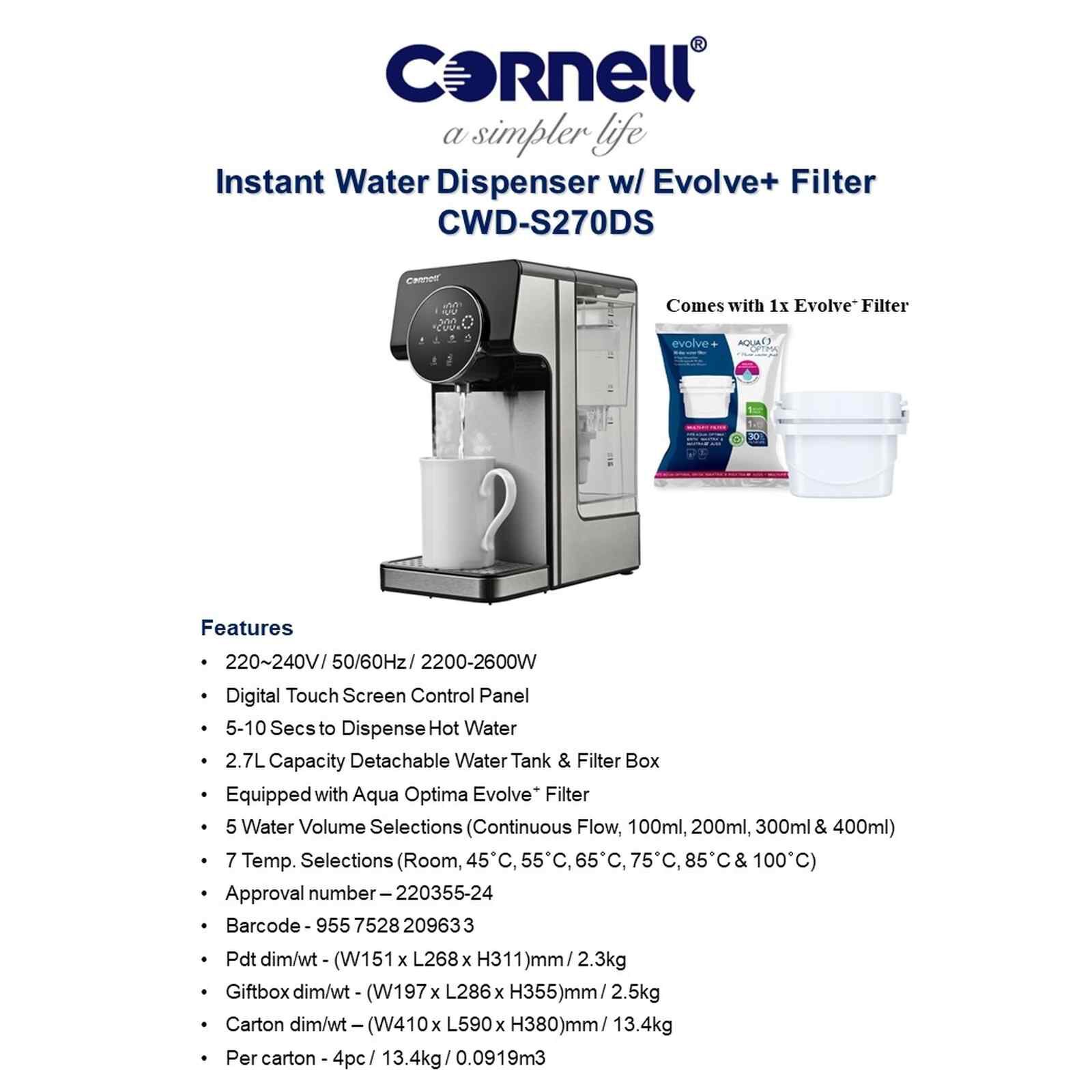 CORNELL Instant Water Dispenser With Evolve+ Filter - (2.7l) CWDS270DS-image 11