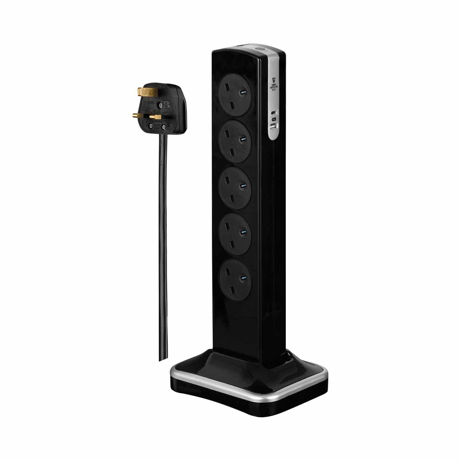 MASTERPLUG 10 Socket Surge Tower W 20w Usb A + C 3m Bk SRGTOWSUAC20103PB-image 1