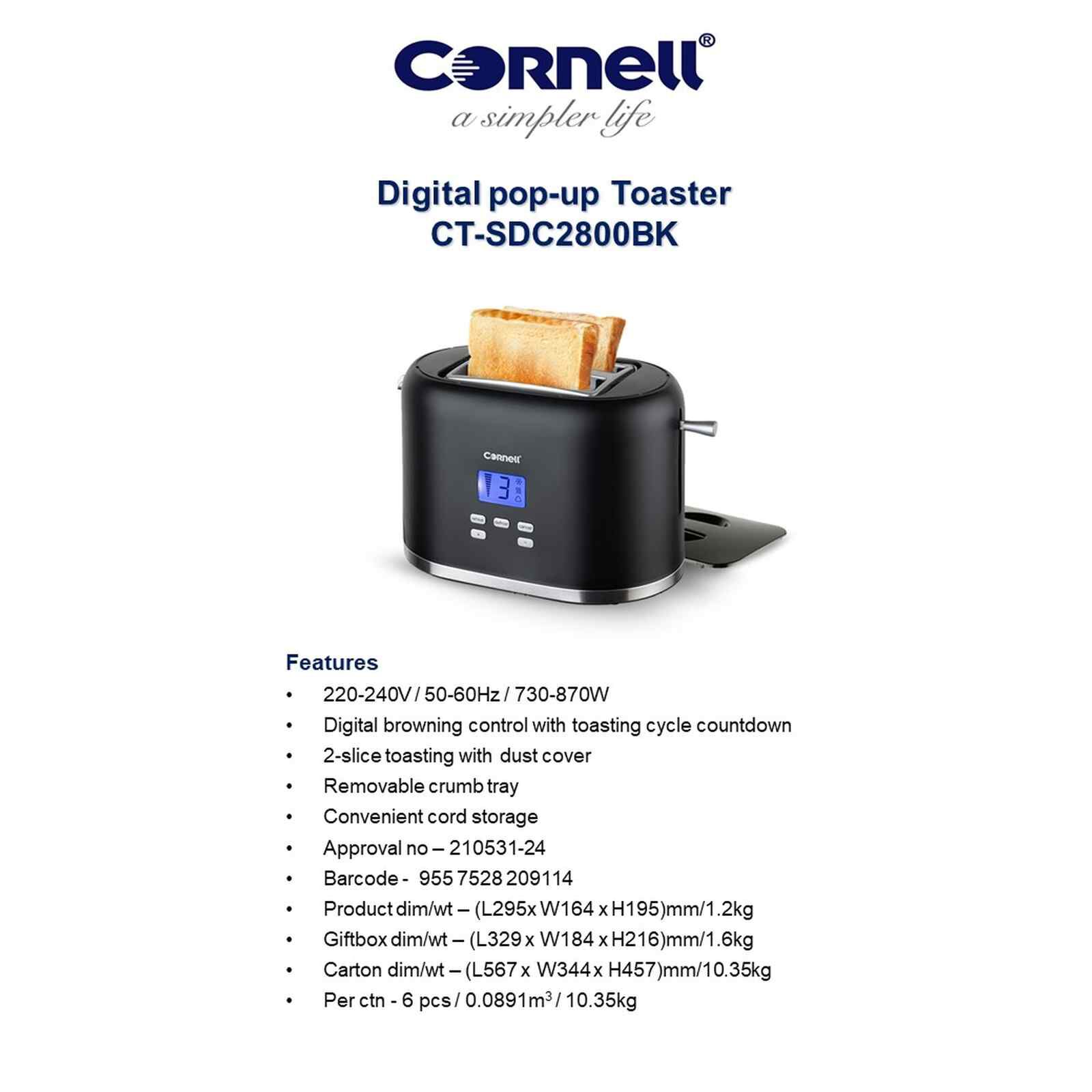 CORNELL Digital Pop-up Toaster With Cover - Black CTSDC2800BK-image 7