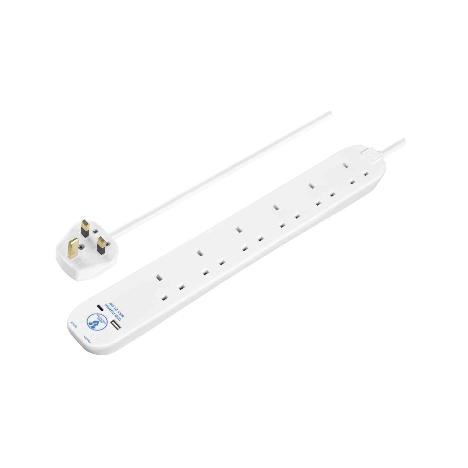 MASTERPLUG Surge Extension Lead 6 Socket, Fast Charge Usb A & C White SRGUAC2262N-image 1