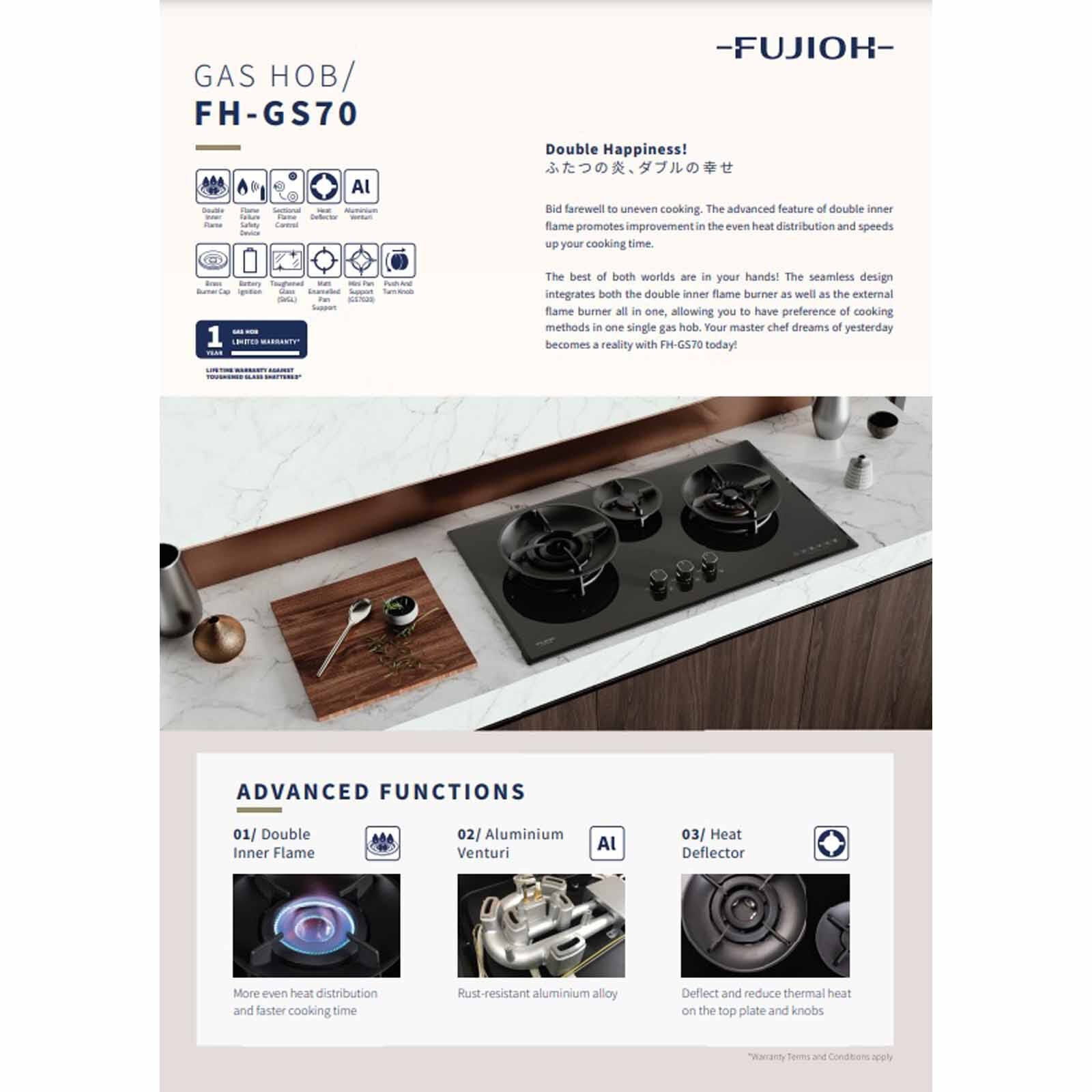 FUJIOH 88cm 3 Burners Gas Hob (tg) - Glass (exclude Installation) FH-GS7030 SVGL TG-image 2