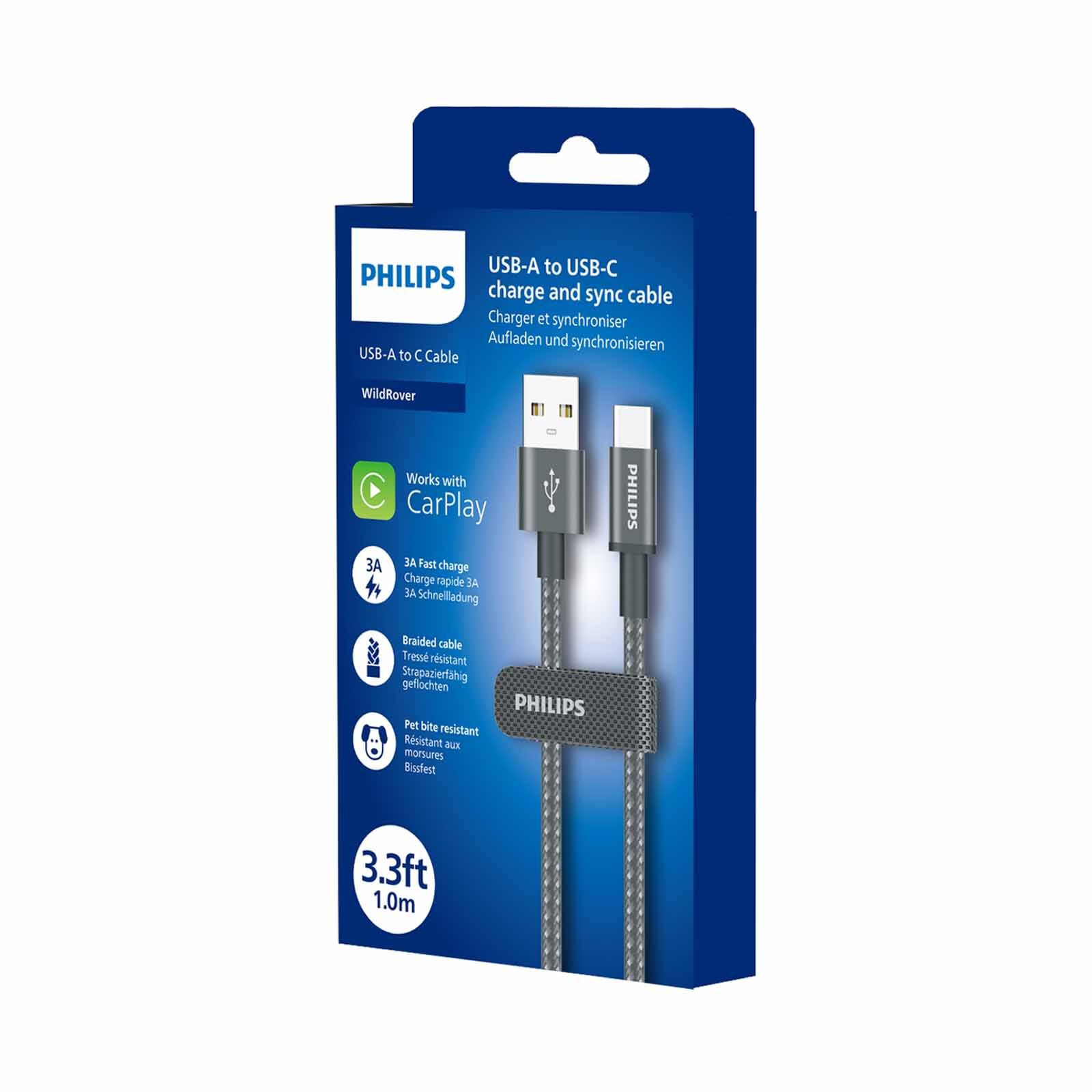 PHILIPS Sync & Charge Cable A To C - 1 Meter Max 3a Black Braided 480 Mbps DLC5030A/00-image 2