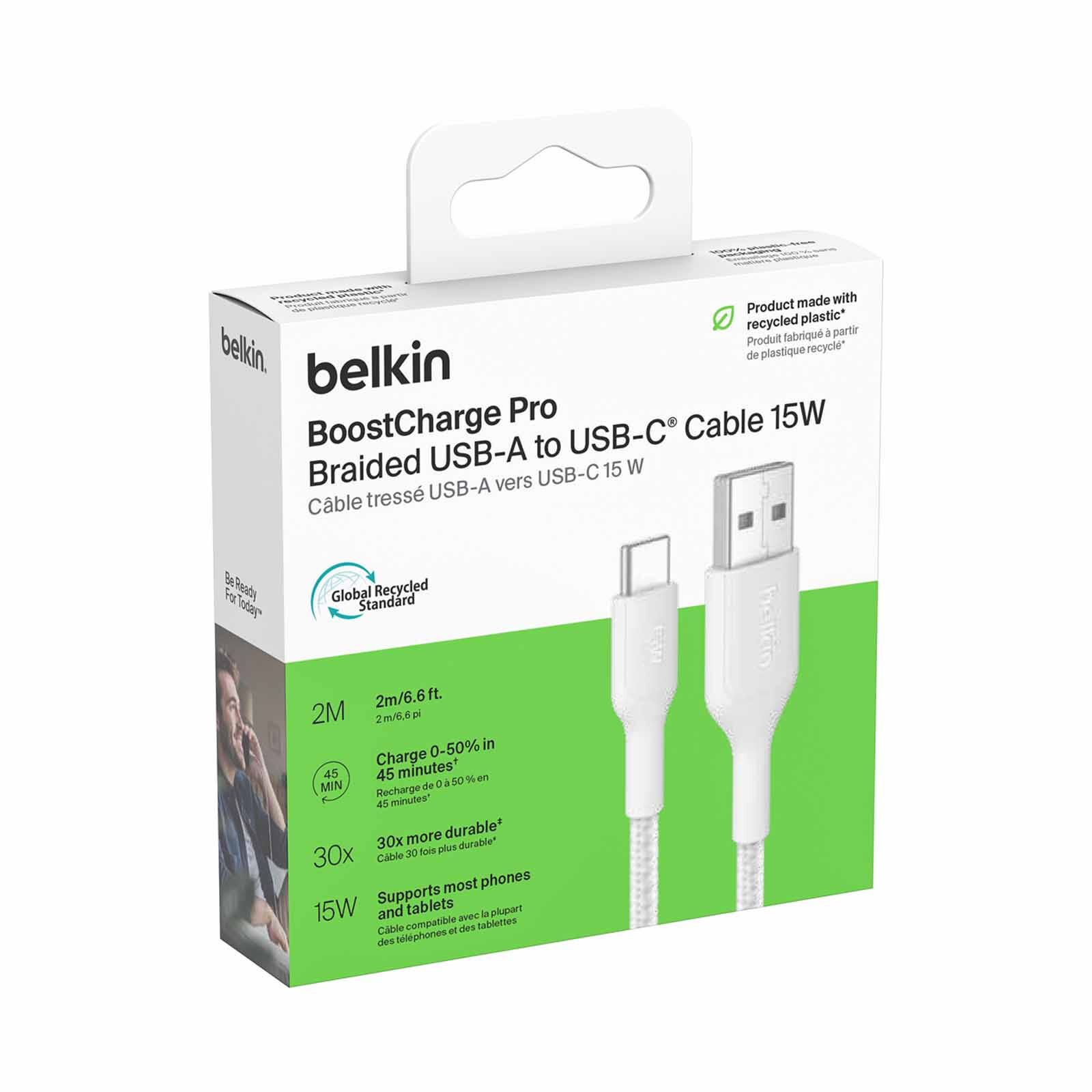 BELKIN Usb-a - Usb-c Cable 2.0, Braided Pcr,2m, White CAB022FQ2MWH-image 4