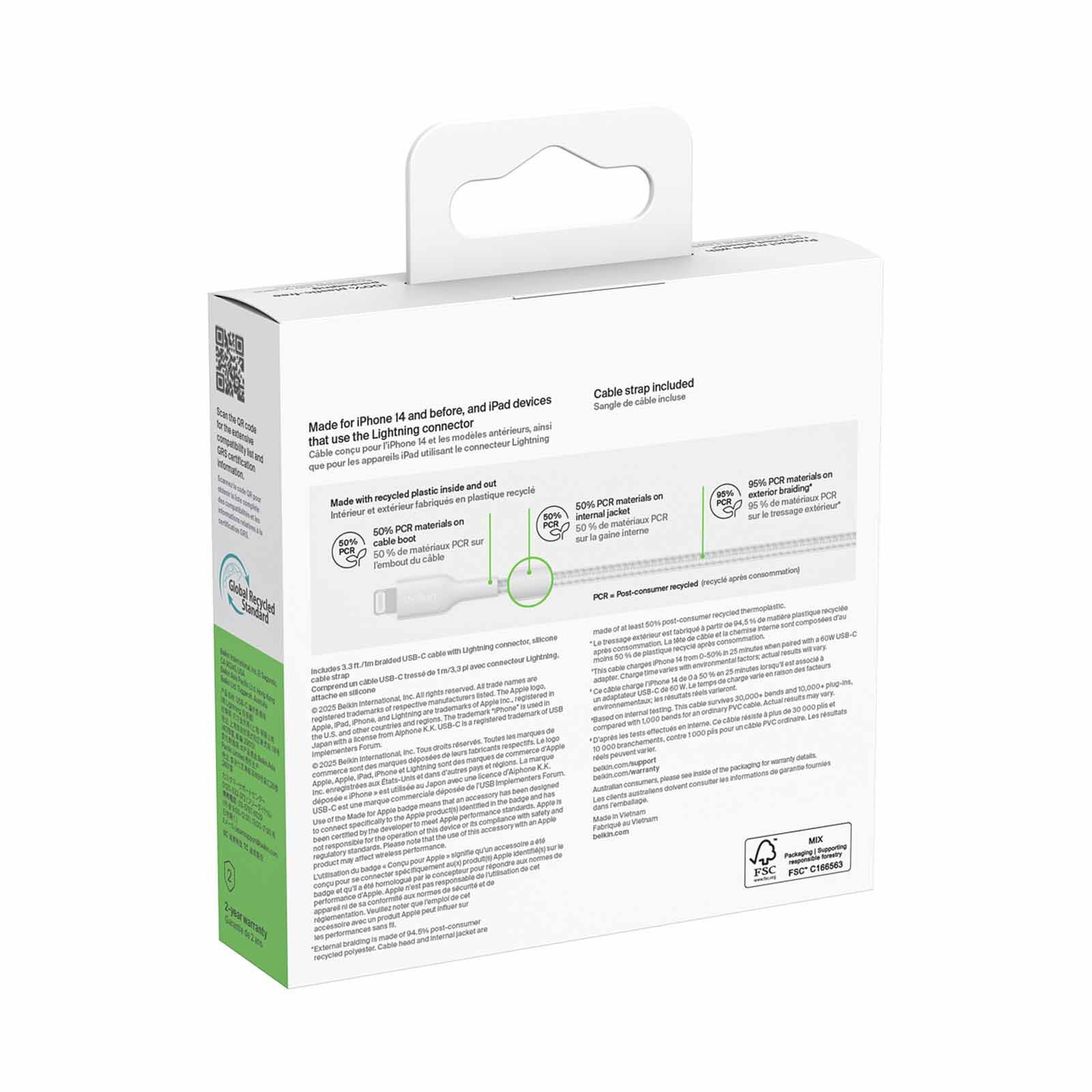 BELKIN Usb-c - Lightning Cable, Braided Pcr, 1m, White CAA022FQ1MWH-image 4