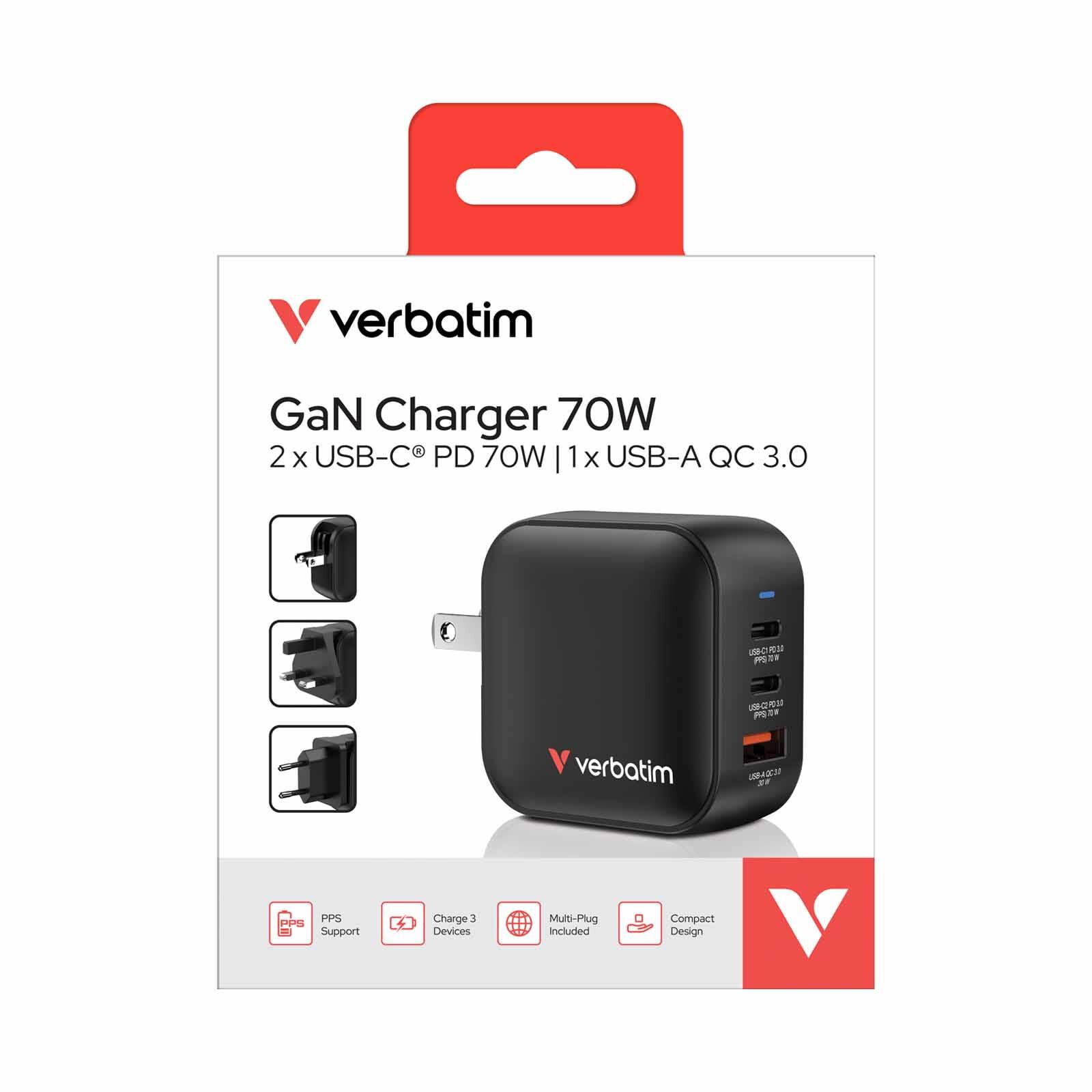VERBATIM Mini Gan Charger 70w 3 Port Us Plug W Eu And Uk Adapter VM32229-image 7