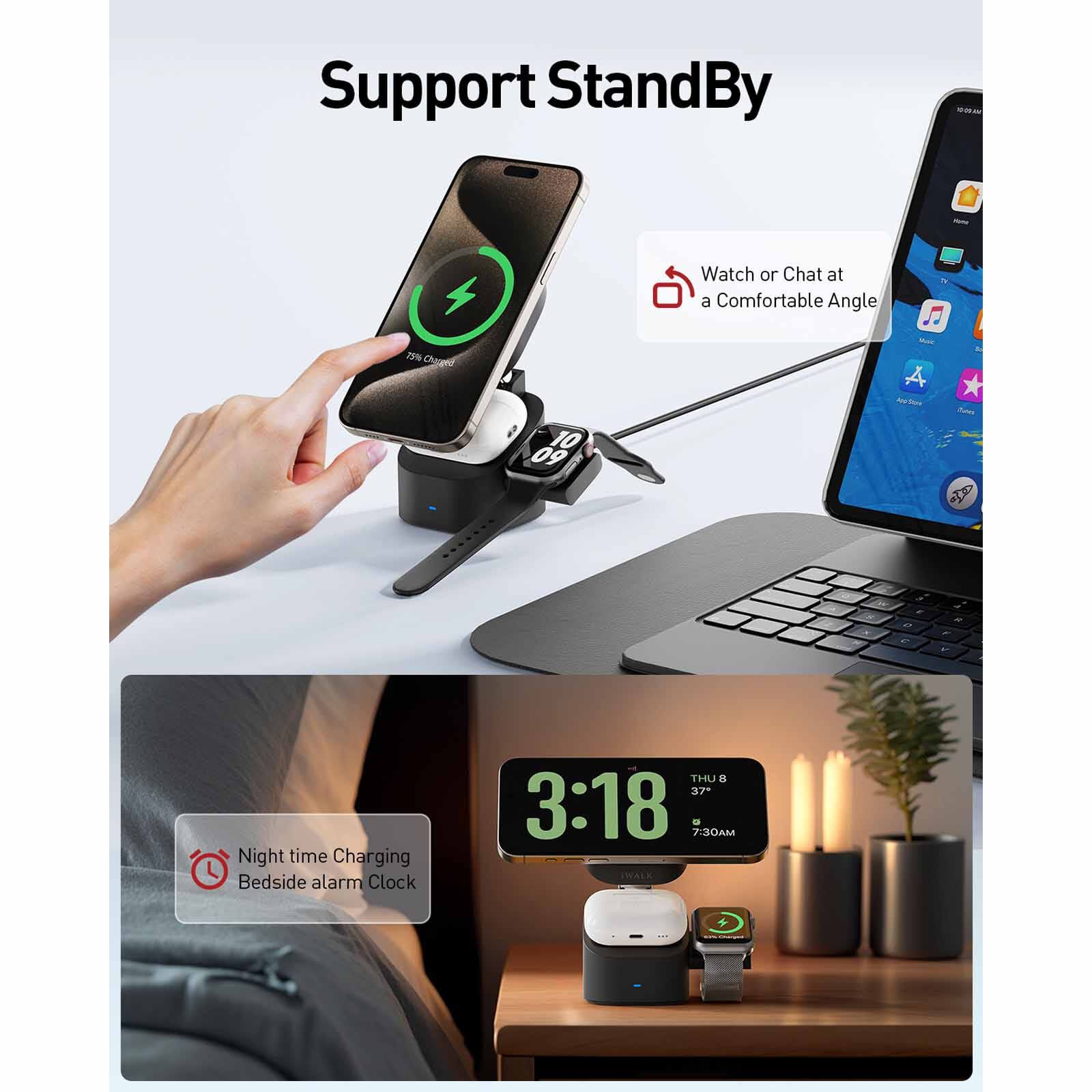 IWALK Standme Power 3-in-1 Wireless Charger Black For Iphone/watch/airpods MXS007-001A-image 5