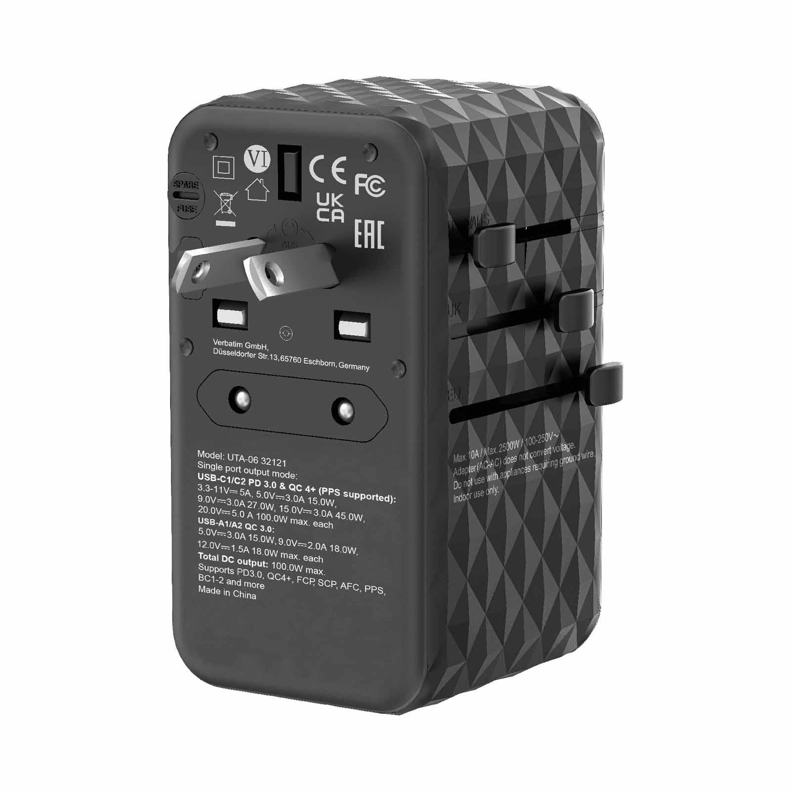 VERBATIM Uta-06 Gan Iii Universal Travel Adapter With 2 X Usb-c Pd 100w & Qc 4.0+ / 2 X Usb-a Qc 3.0 VM32121-image 6