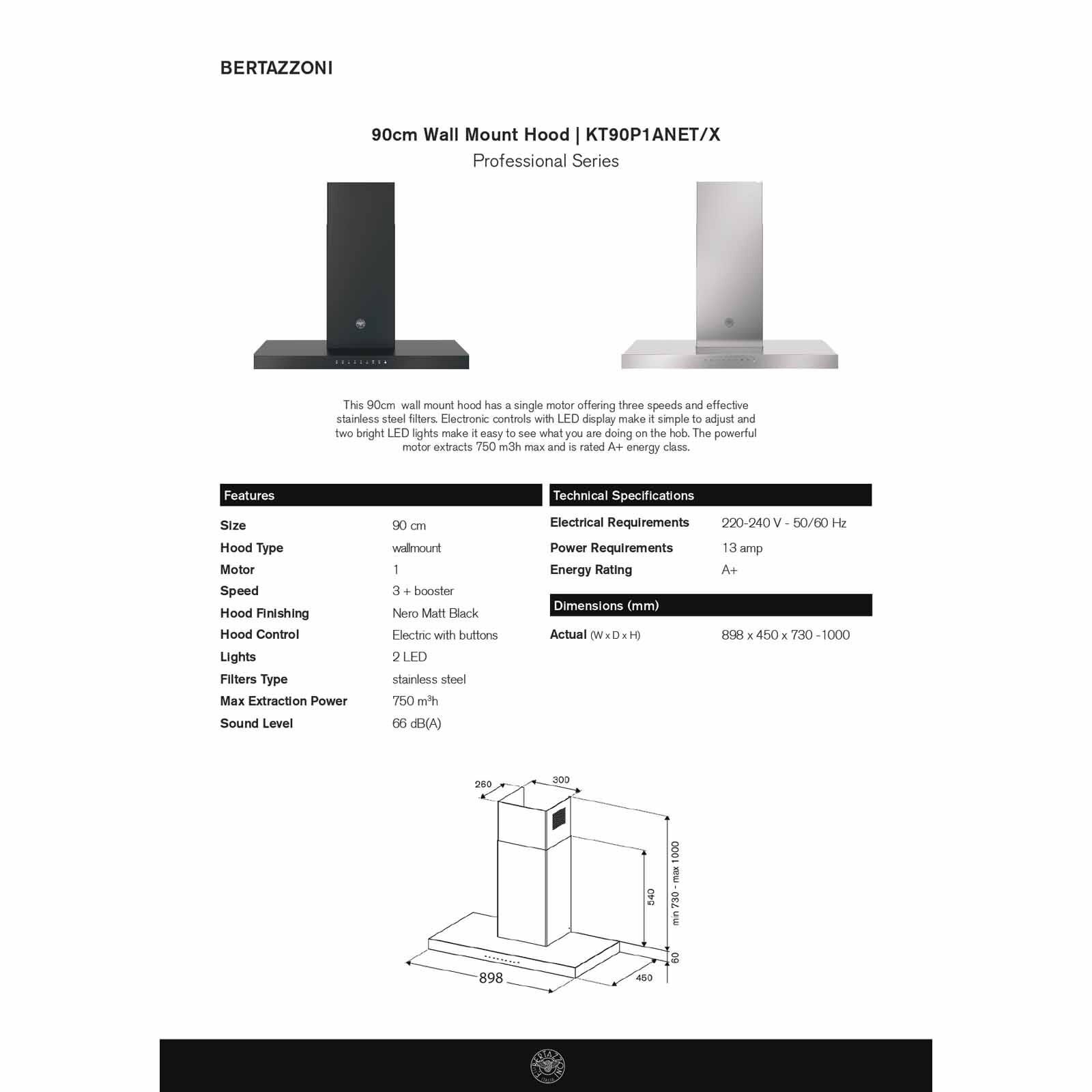 BERTAZZONI 90cm Wall Mount Hood Nero Matt KT90P1ANET-image 5
