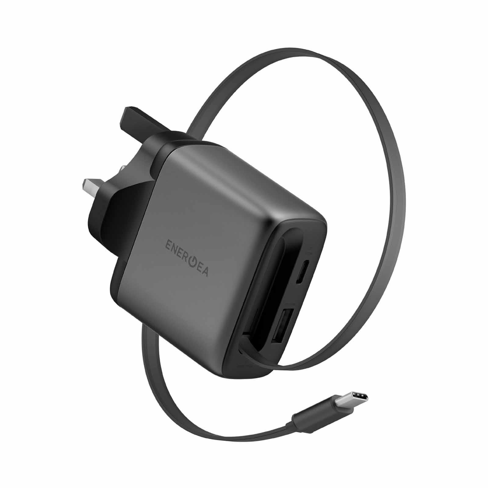 ENERGEA Ampcharge Arc 65, Pd/pps/qc3.0 Gan Wall Charger With Retractable Cable, 65w (uk) - Gunmetal CHR-AC-ARC65UK-image 1