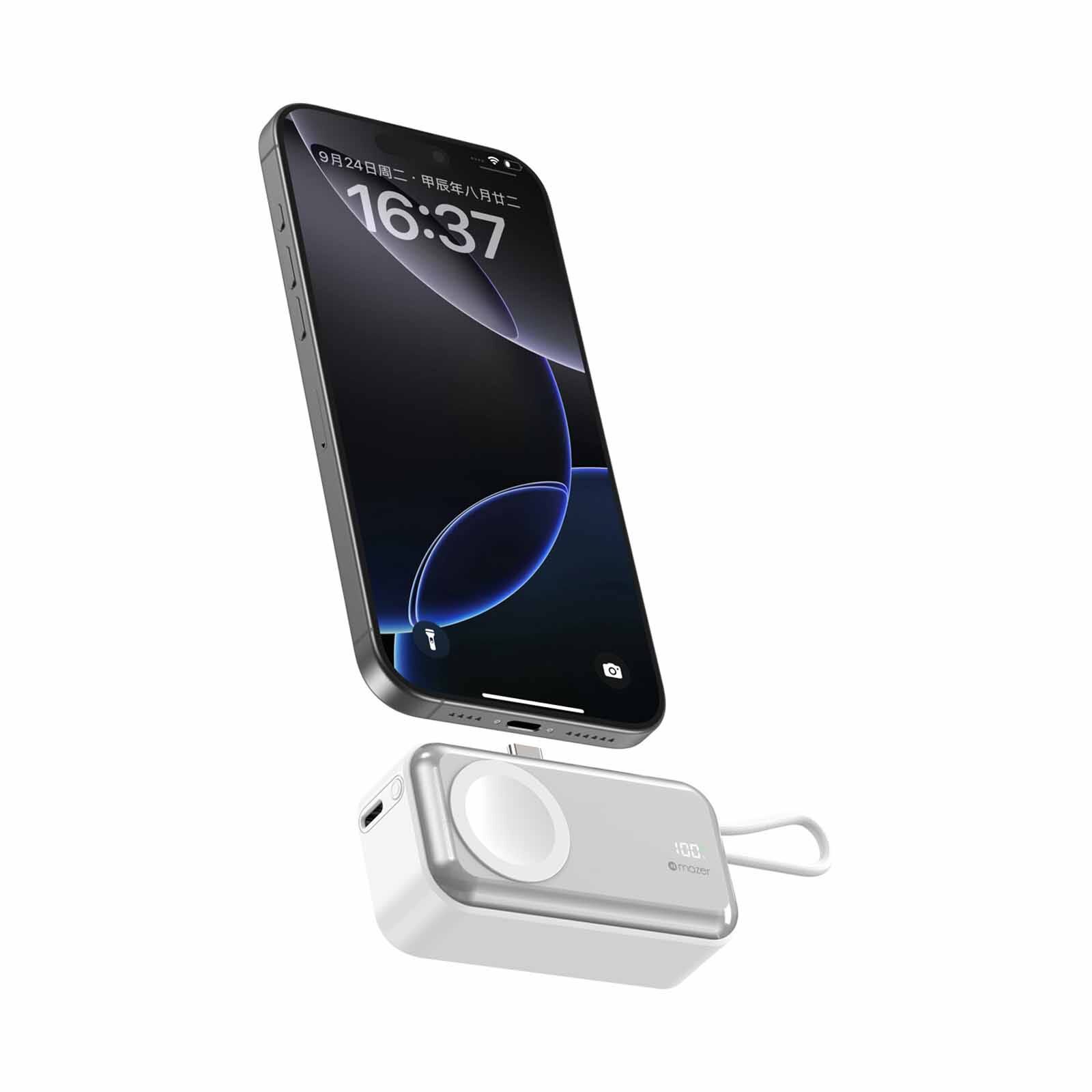 MAZER Pocketmini 5000mah/built-in Cable+apple Watch Charging+stand/pd20w Power Bank - White M-POCKET5.0W-WH-image 4