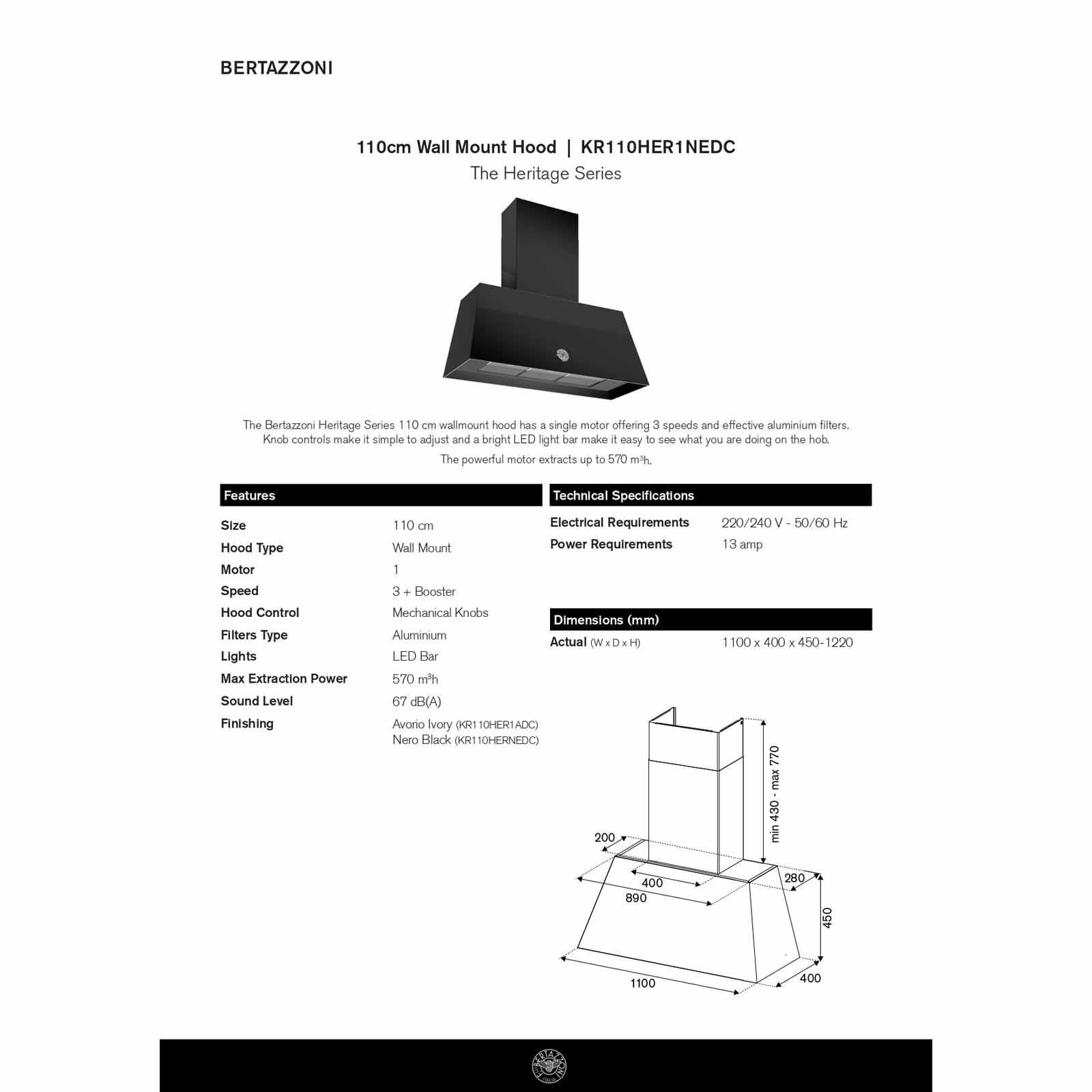 BERTAZZONI 110cm Wall Mount Hood (ivory Finish) KR110HER1ADC-image 5