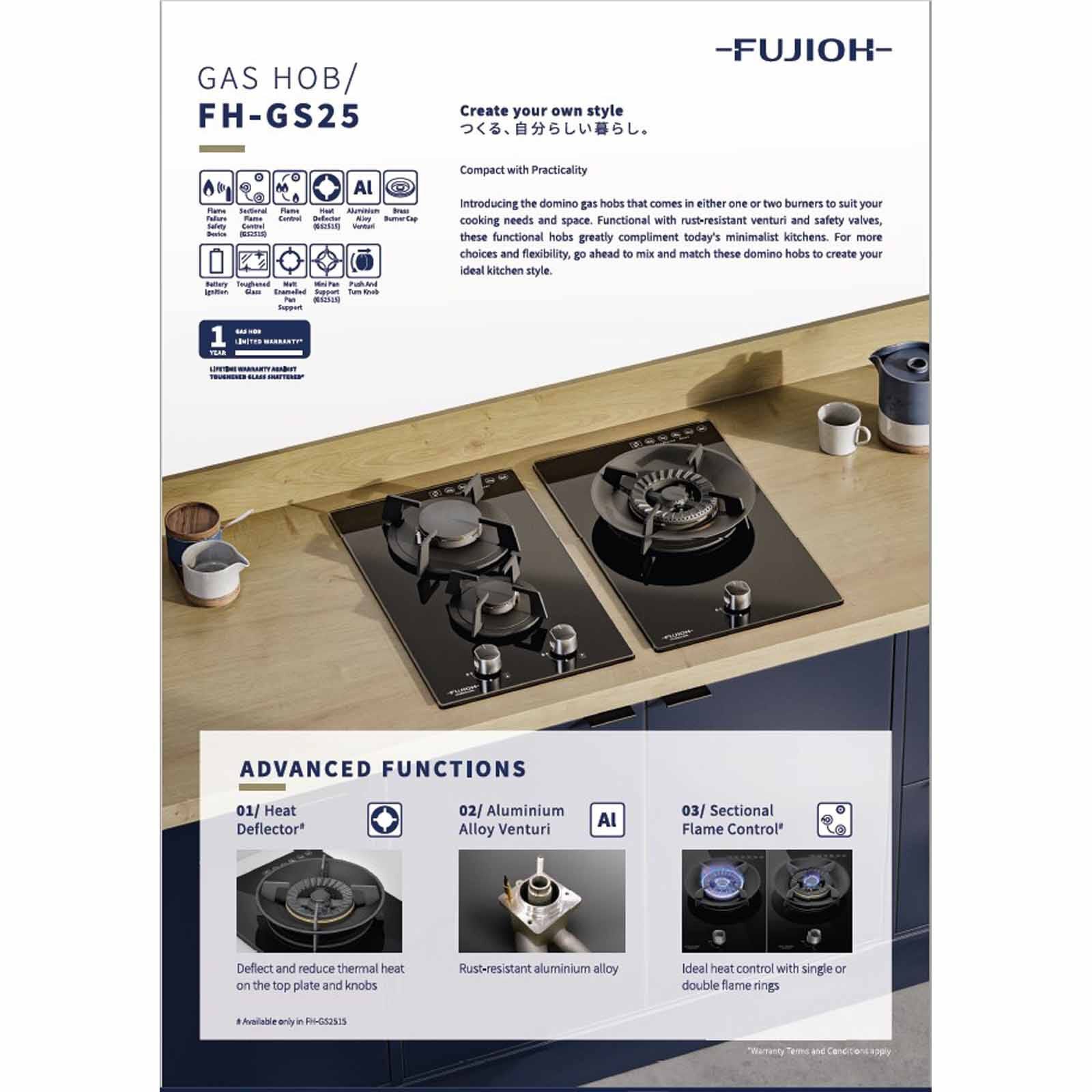 FUJIOH 30cm 2 Burners Gas Hob (lpg)(exclude Installation) FH-GS2525 SVGL LPG-image 9