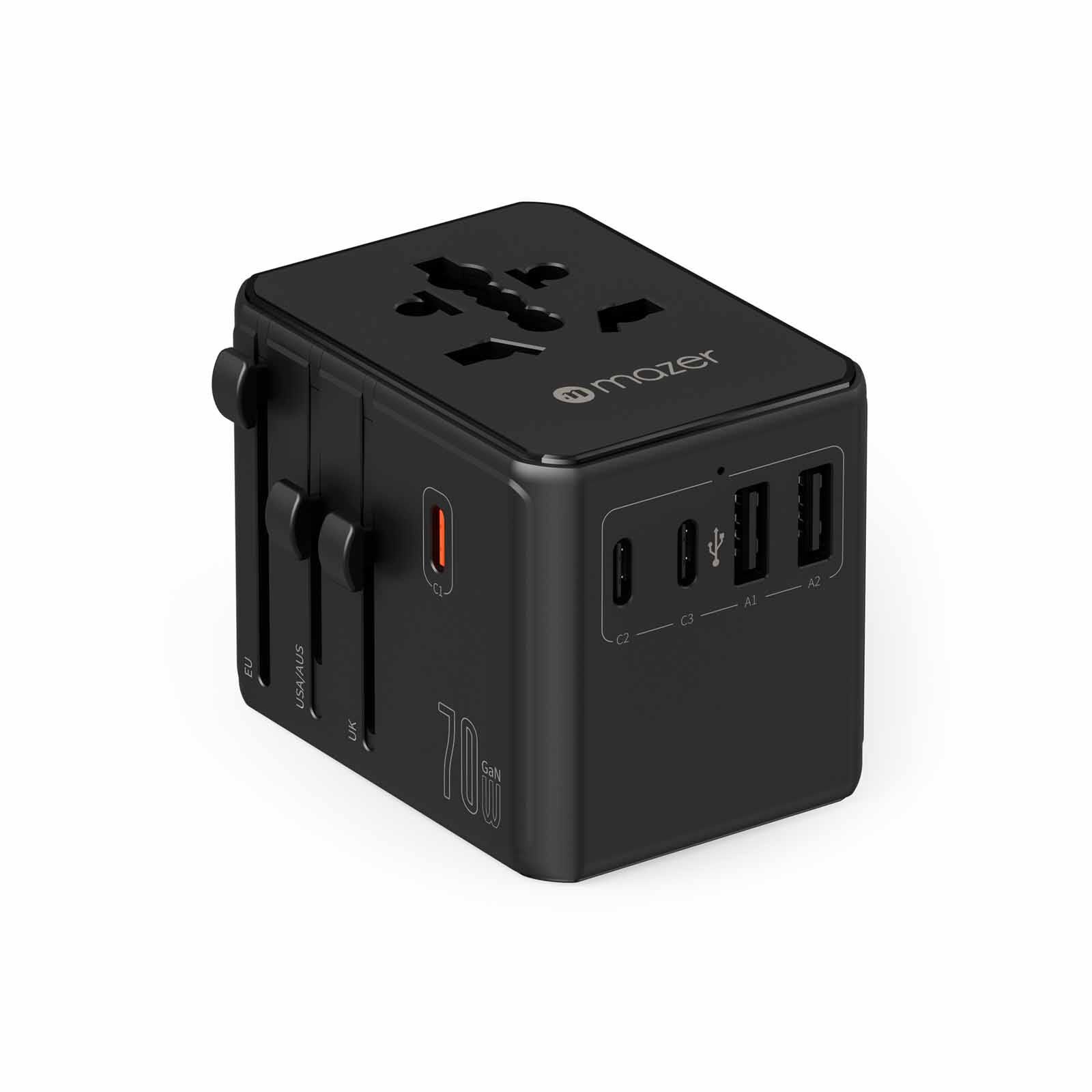 MAZER Infinitetravel 3c/2a Usb Pd70w + 3xac International Travel Adapter - Black M-TC270-BK-image 1
