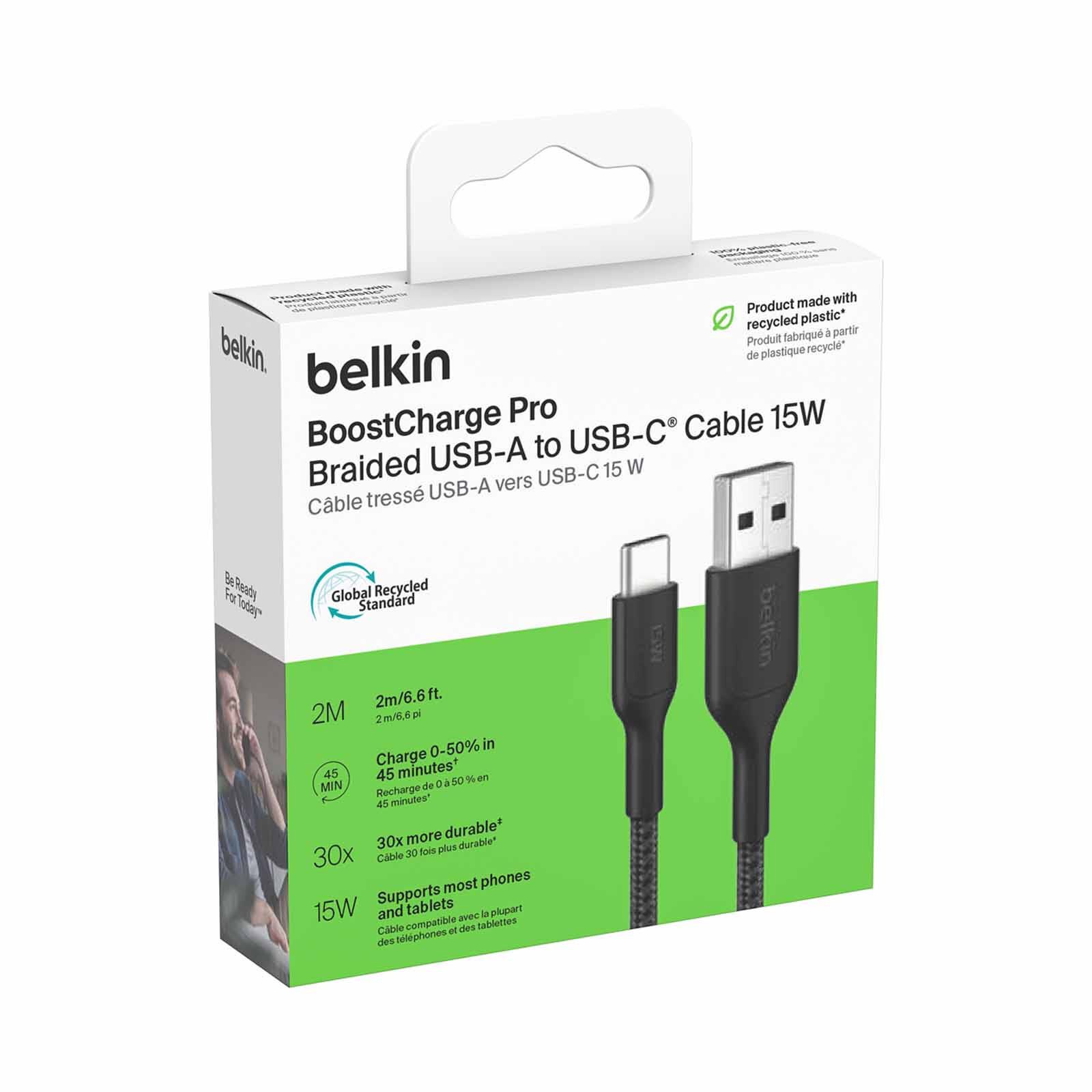 BELKIN Usb-a - Usb-c Cable 2.0, Braided Pcr, 2m, Black CAB022FQ2MBK-image 2