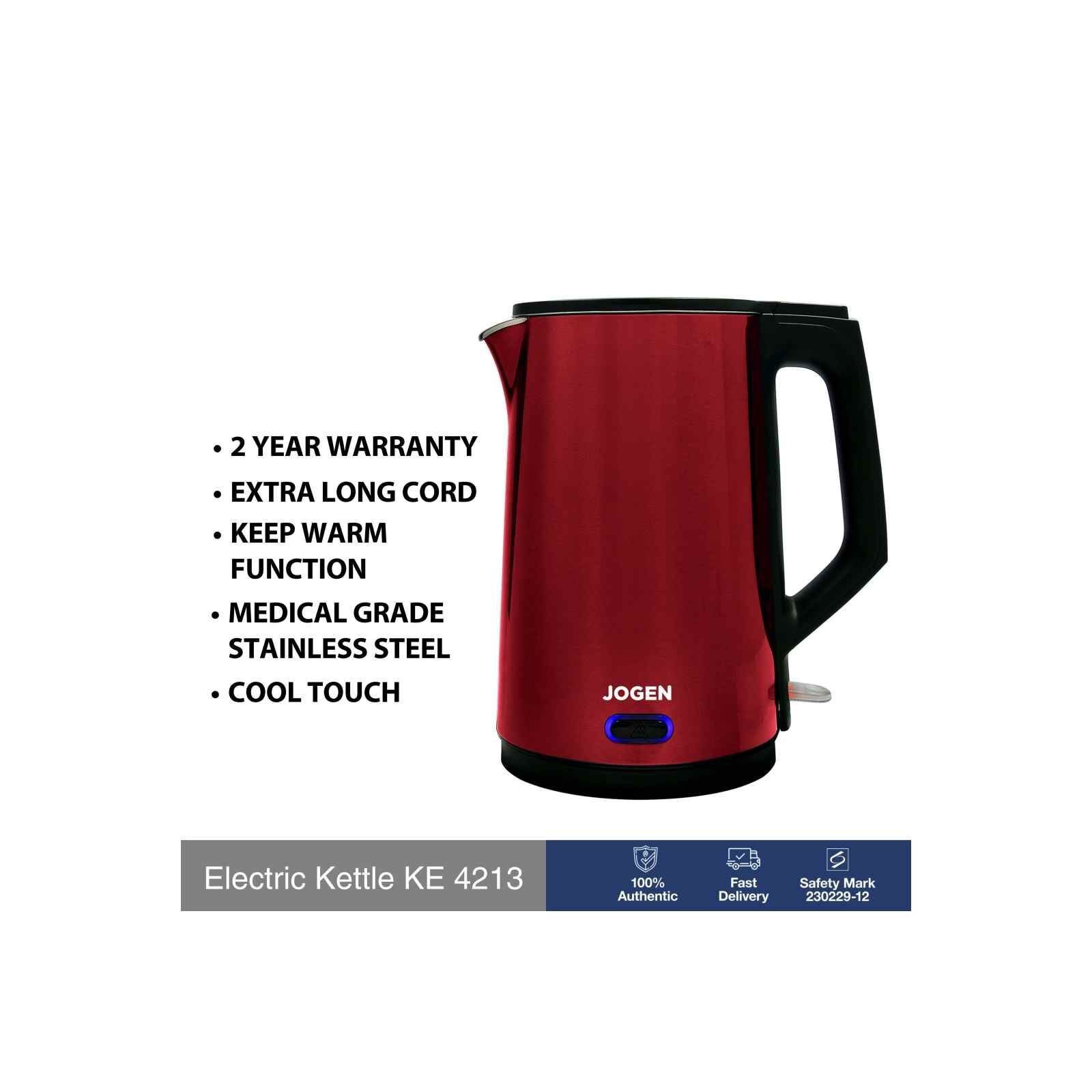 JOGEN Stainless Steel Kettle (1.9l) - Red KE 4213-image 2