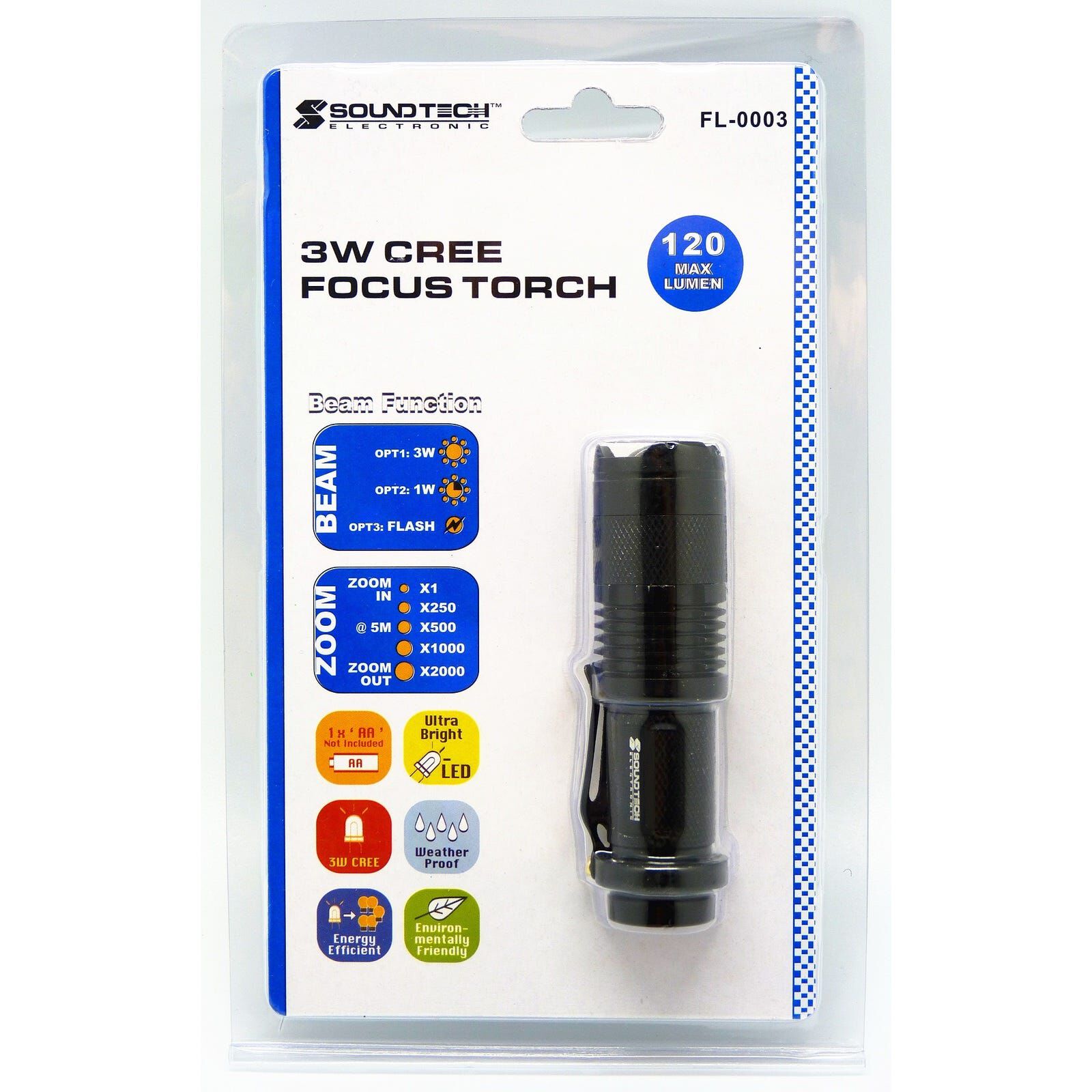 SOUNDTEOH 3w Cree Focus Torch FL-0003