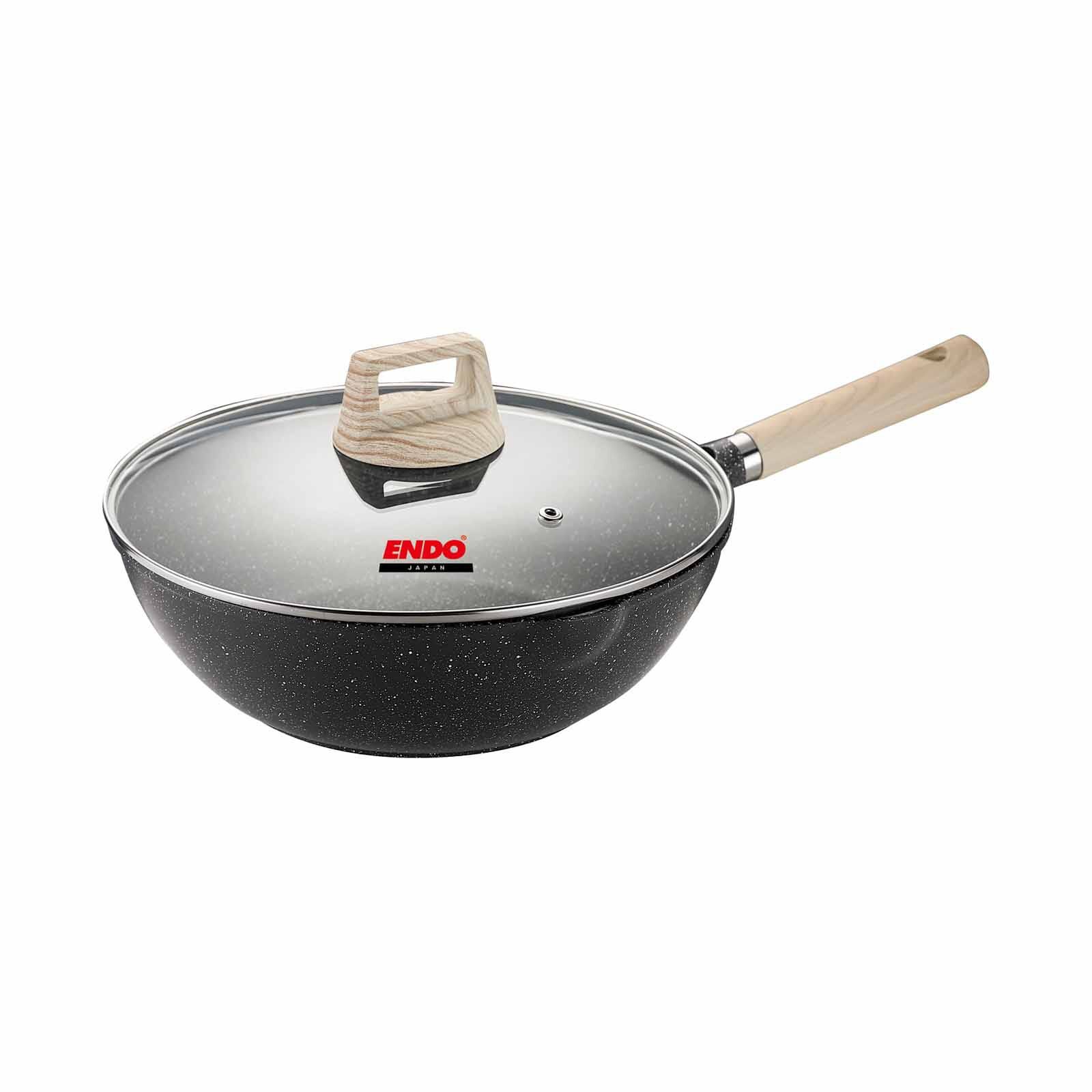 ENDO Ganseki 28cm I.h. Die Cast Wok Pan + Lid E-GSK-28WP-image 1