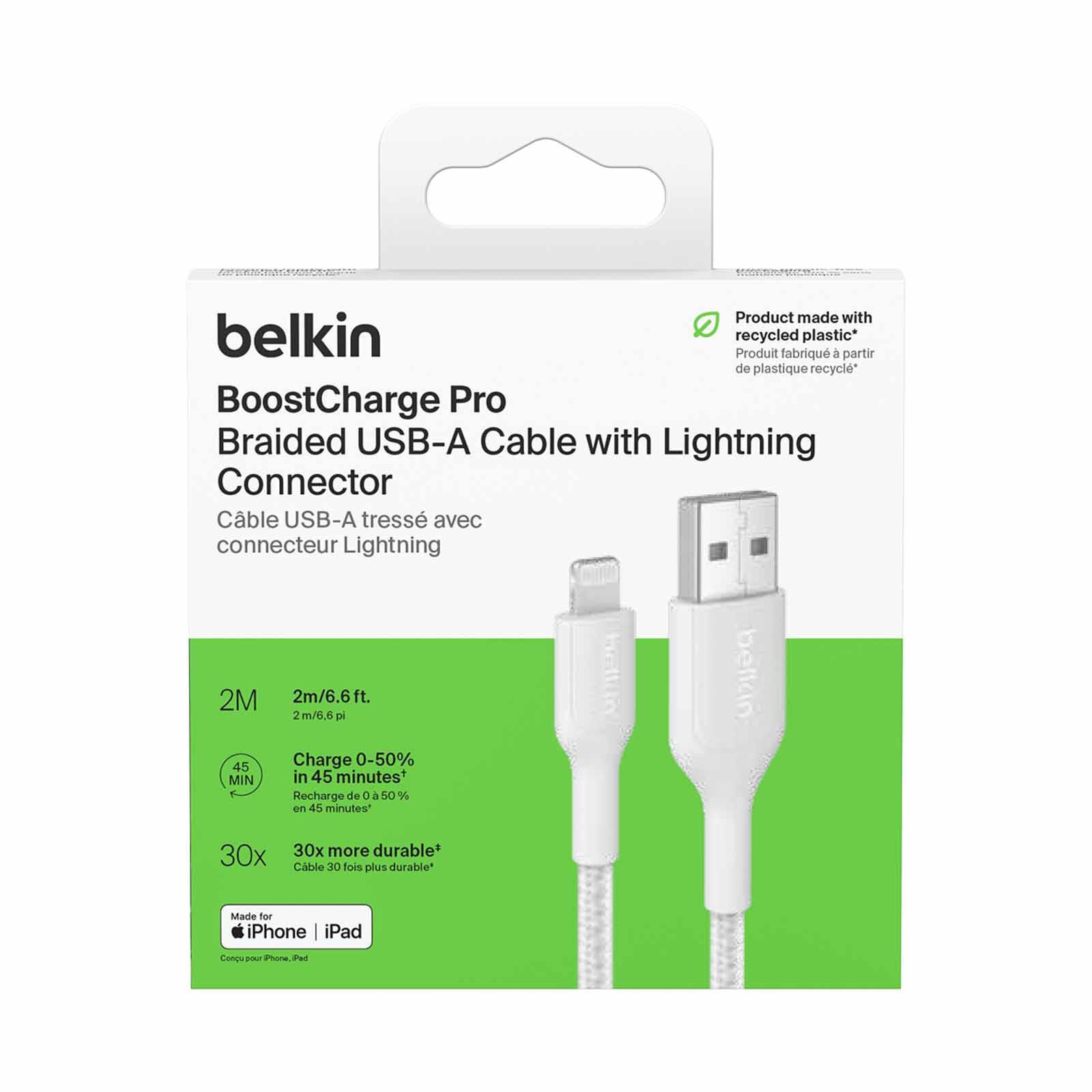 BELKIN Usb-a - Lightning Cable, Braided Pcr, 2m, White CAA020FQ2MWH-image 4