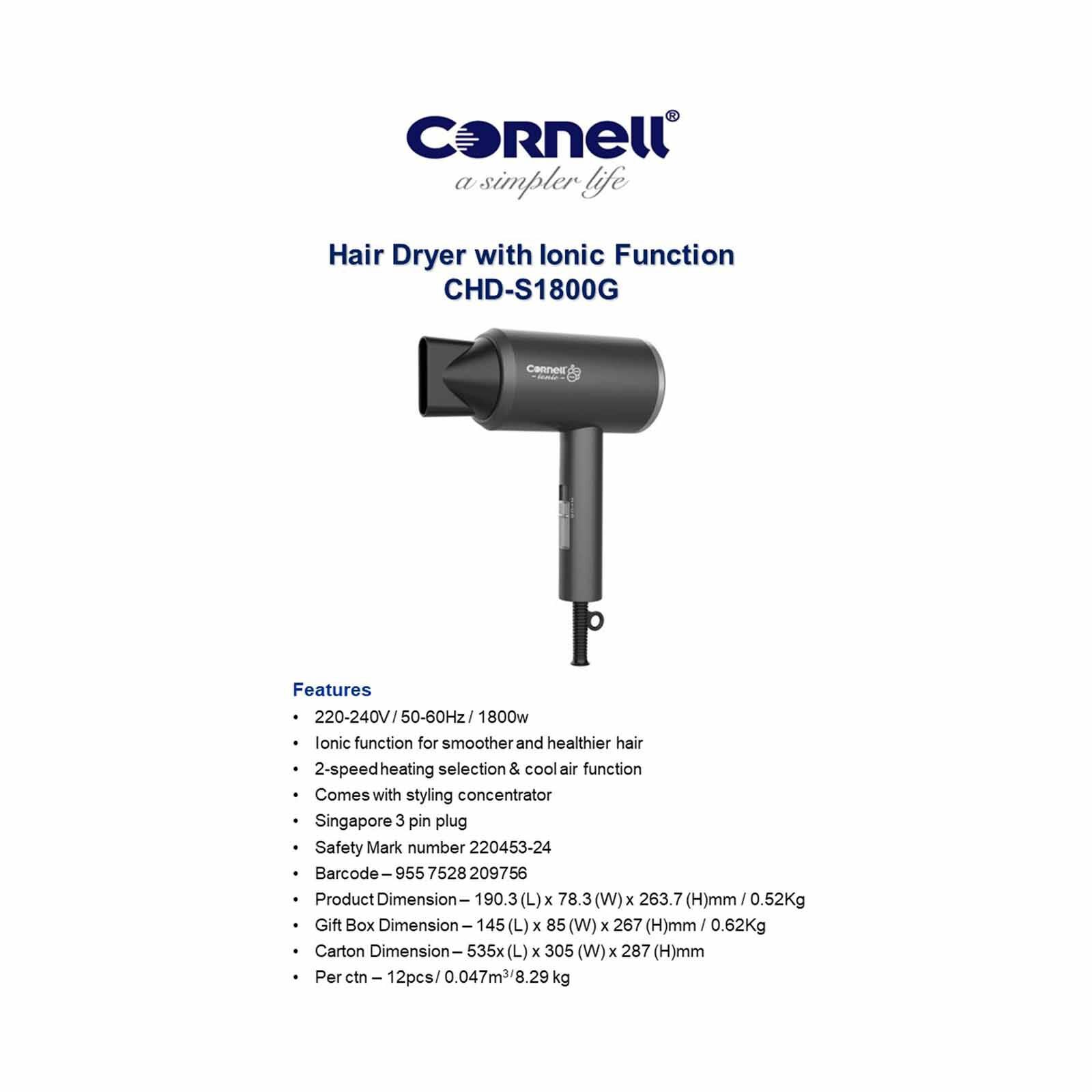 CORNELL Hair Dryer With Ionic Function (1800w) CHDS1800G-image 5