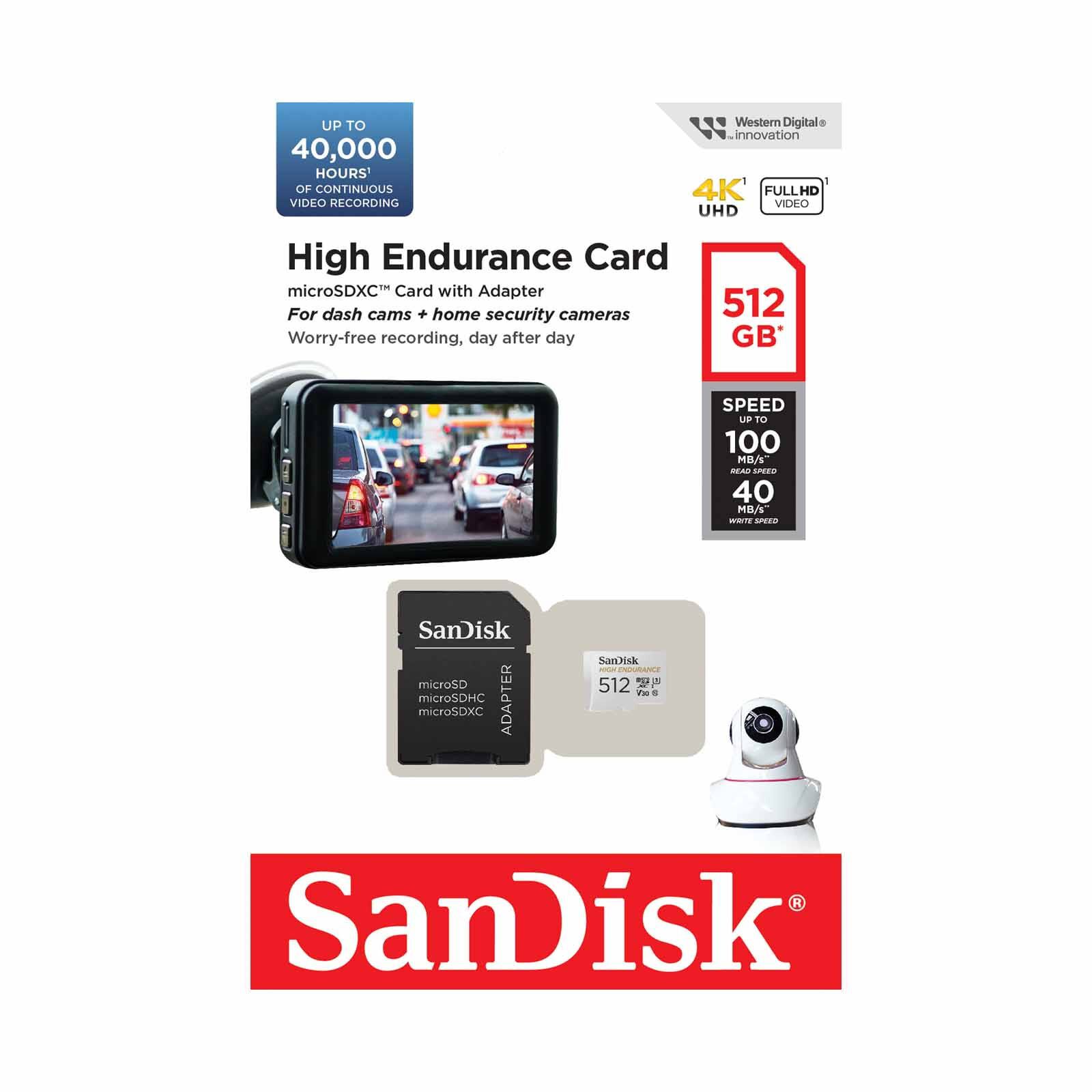 SANDISK High Endurance Microsdxc 512gb (40,000 Hrs), Uhs-i, C10, U3, V30, 100mb/s R, 40mb/s W, Sd Adaptor SDSQQNR-512G-GN6IA-image 2