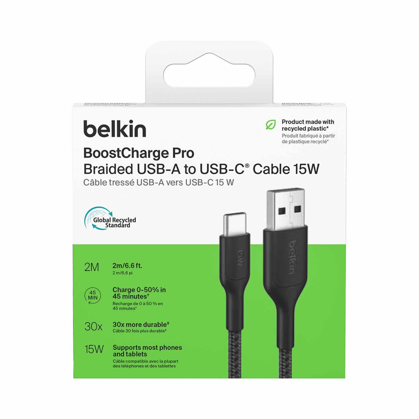 BELKIN Usb-a - Usb-c Cable 2.0, Braided Pcr, 2m, Black CAB022FQ2MBK-image 3