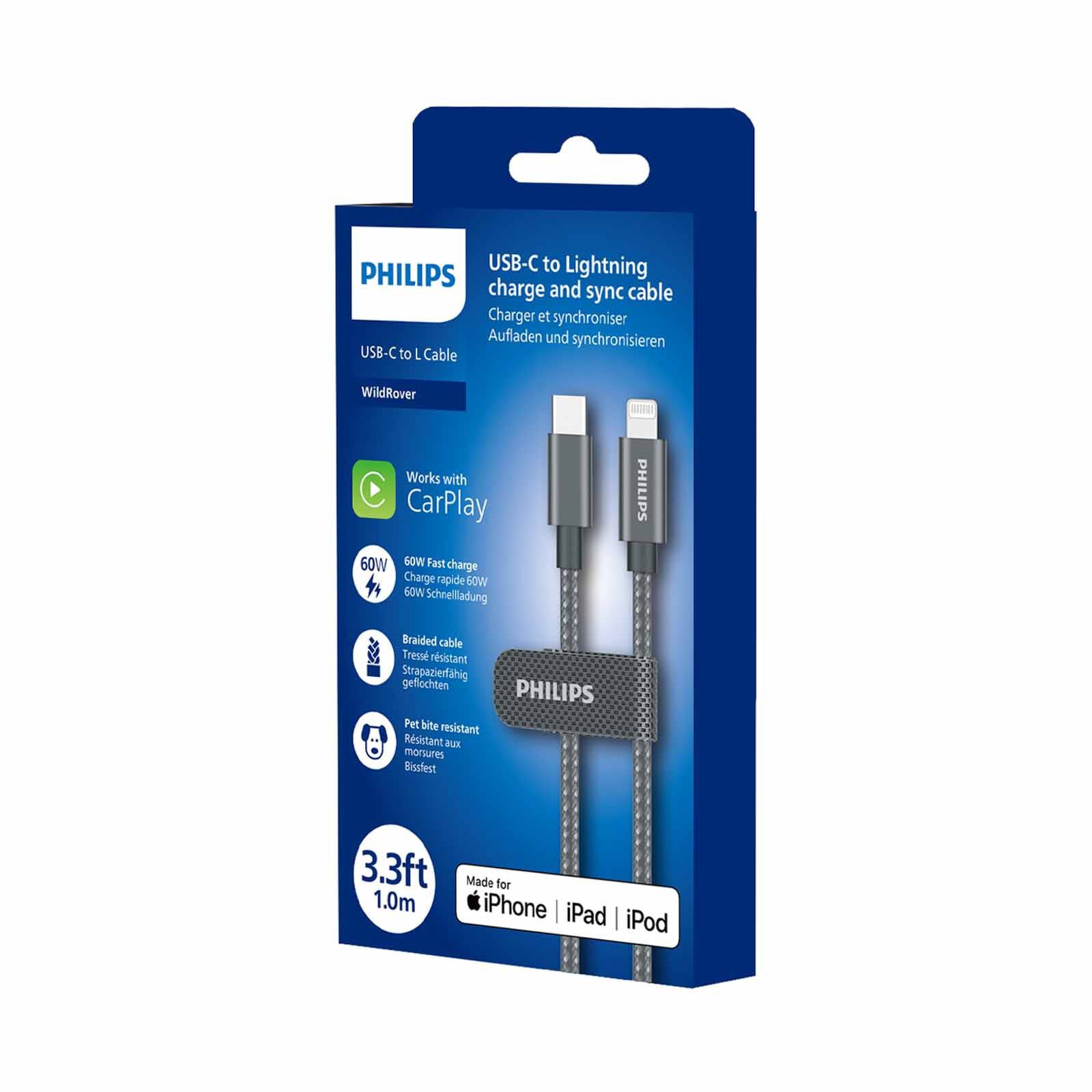 PHILIPS 60w Sync & Charge Cable C To Lightning - 1 Meter Max 3a Black Braided 480 Mbps DLC5030L/00-image 5