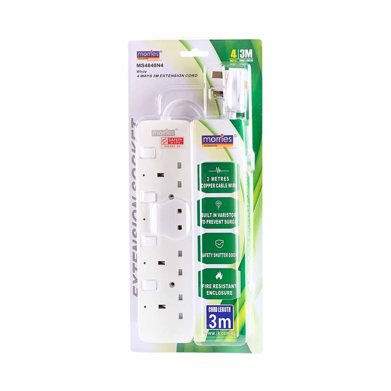 MORRIES 4 Way 3m Extension Cord With Surge Protector White MS-4848N4/3M/WH-image 1