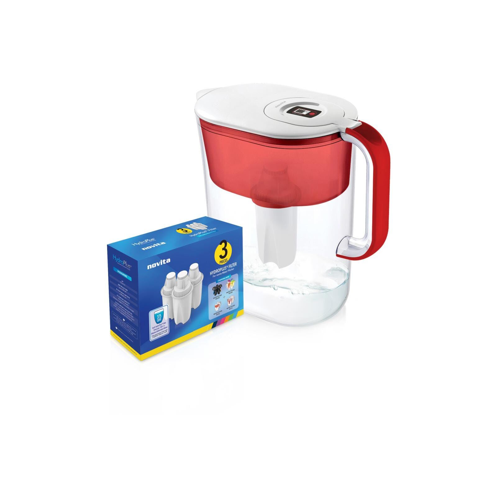 NOVITA Water Pitcher Red Hydroplus + Filter Pack NP120R+ BUNDLE
