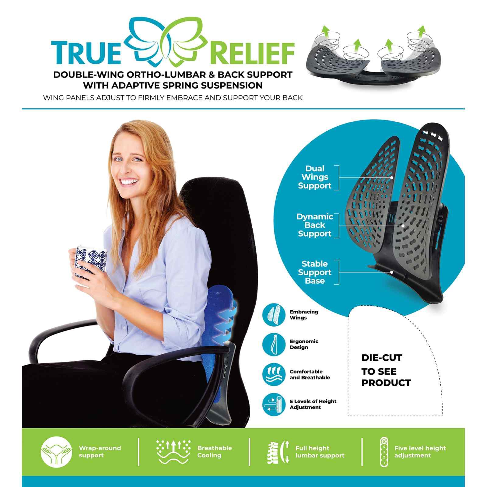 TRUE RELIE Double Wing Back & Lumbar Support - Calming Blue TRDWBLSCBLU-image 6