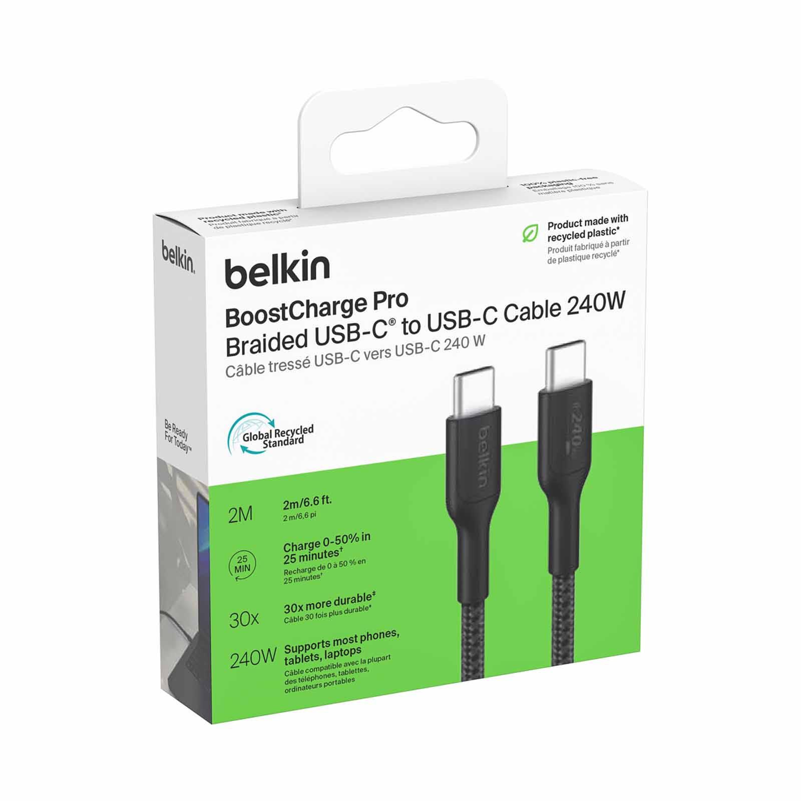 BELKIN Usb-c - Usb-c Cable 240w 2.0, Braided Pcr, 2m, Black CAB025FQ2MBK-image 3
