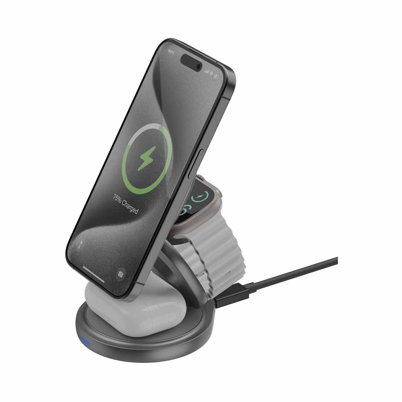 BAZIC Gomag Gyre, 360 Rotating Base 3 In 1 Wireless Charger With Apple Watch And Airpods Charging - Gun GM-GYRE360-GUN-image 5