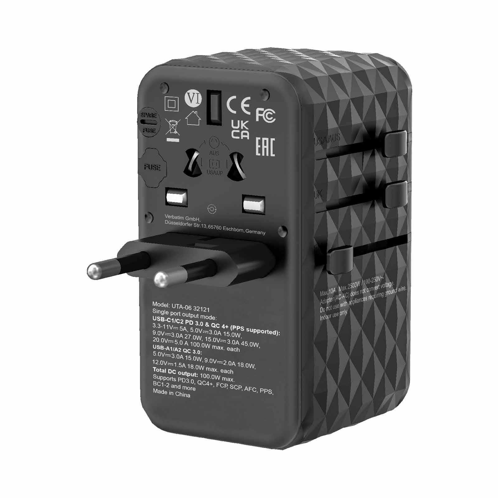VERBATIM Uta-06 Gan Iii Universal Travel Adapter With 2 X Usb-c Pd 100w & Qc 4.0+ / 2 X Usb-a Qc 3.0 VM32121-image 7