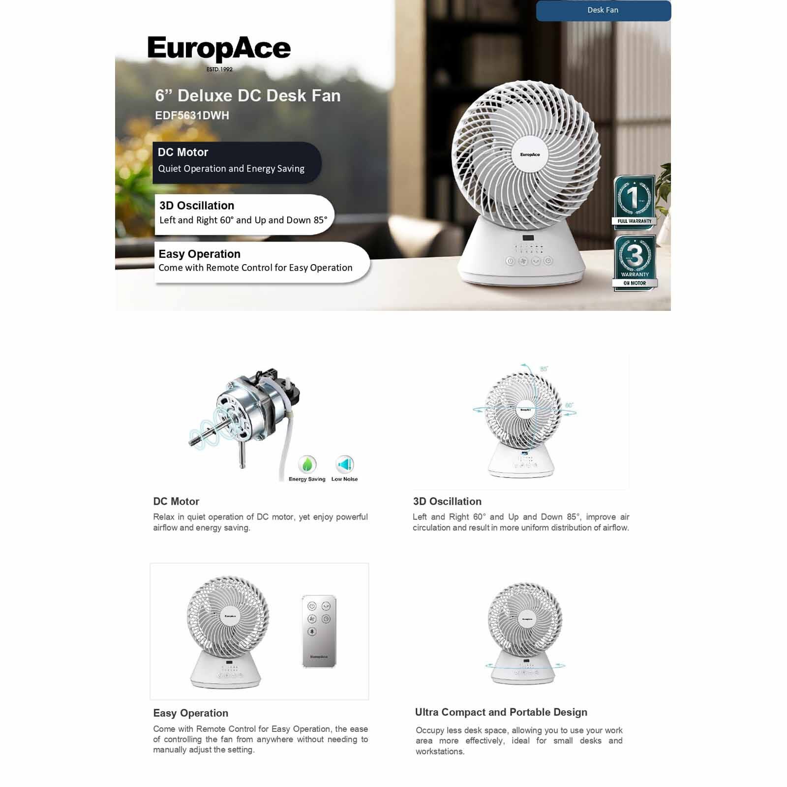 EUROPACE 6 In Dc Desk Fan EDF5631DWH-image 4